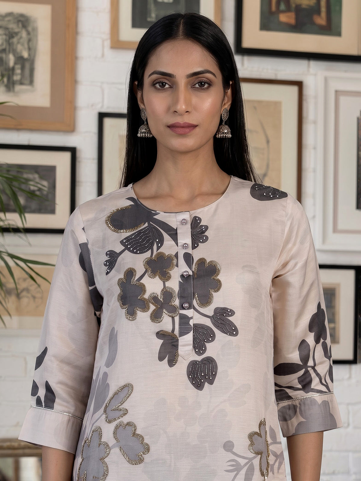 Cream grey silk printed kurti set with zardosi and diamond embellishments