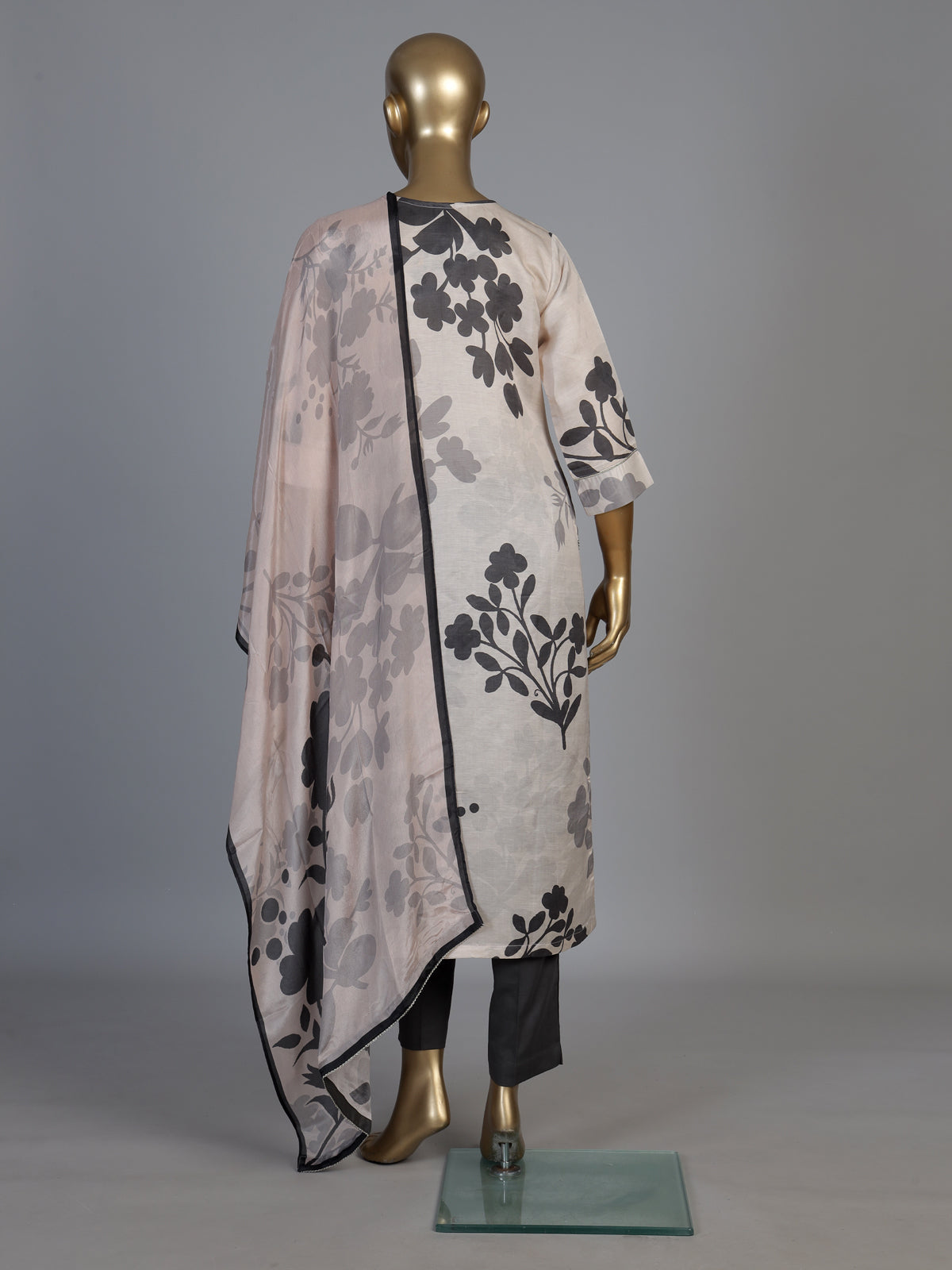 Cream grey silk printed kurti set with zardosi and diamond embellishments