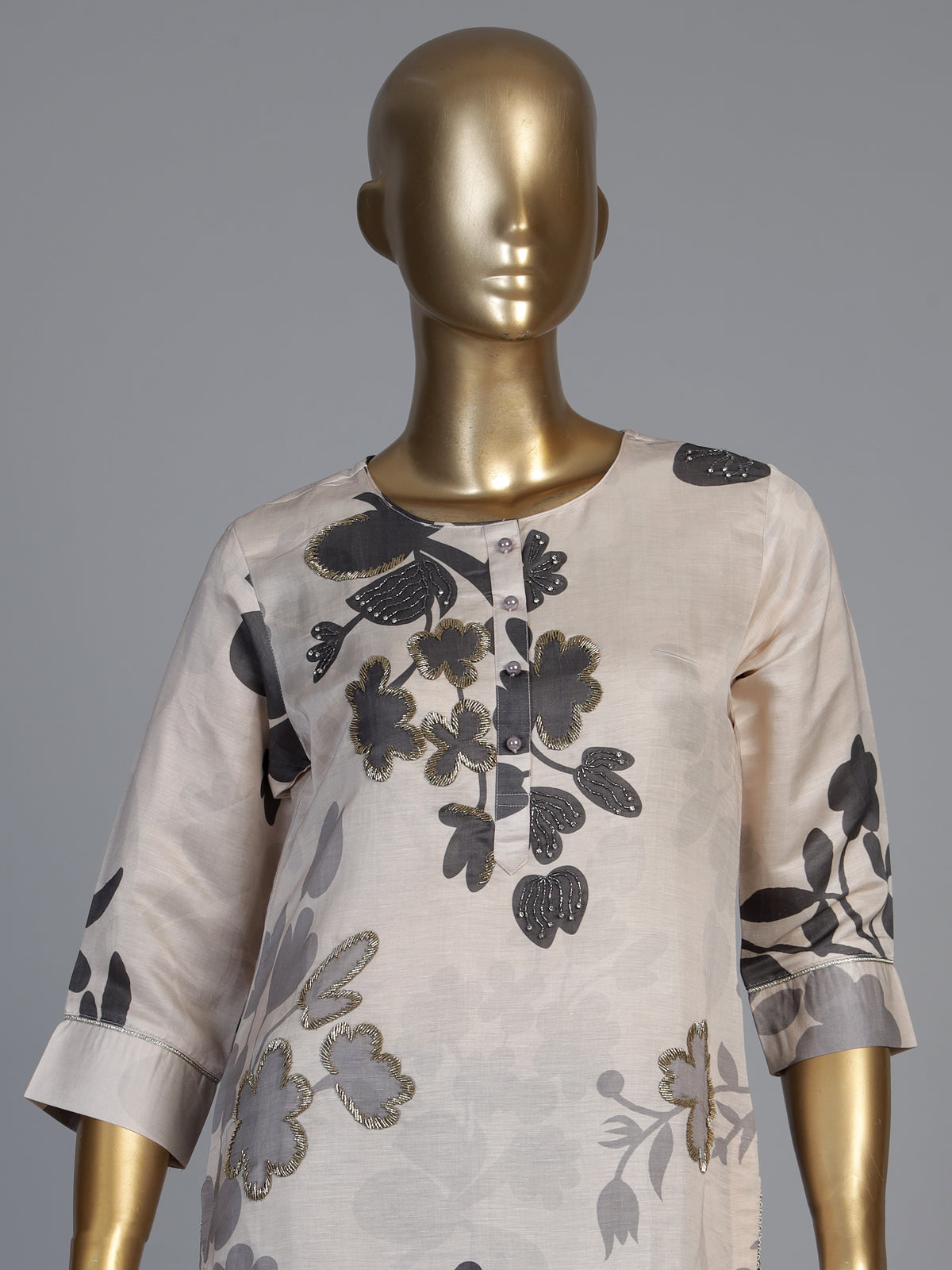 Cream grey silk printed kurti set with zardosi and diamond embellishments