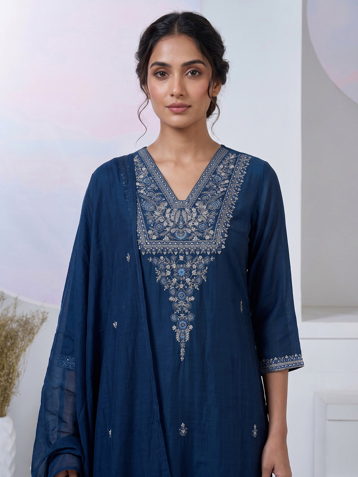 Rama blue silk yoke style kurti set with aabla and beadwork