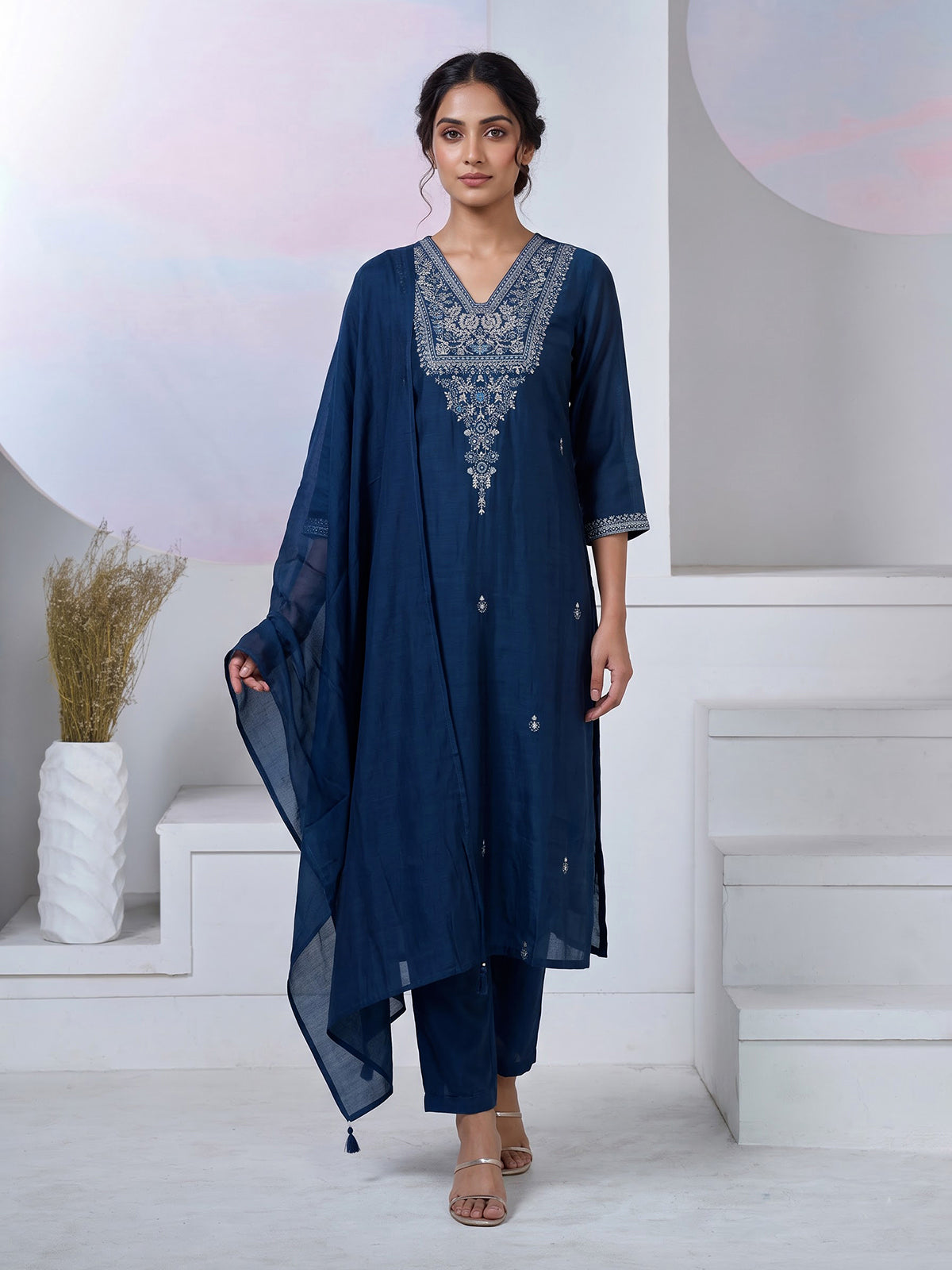 Rama blue silk yoke style kurti set with aabla and beadwork