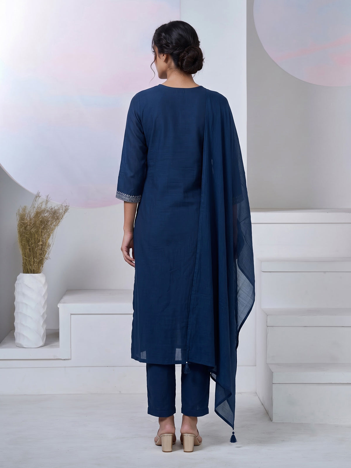 Rama blue silk yoke style kurti set with aabla and beadwork