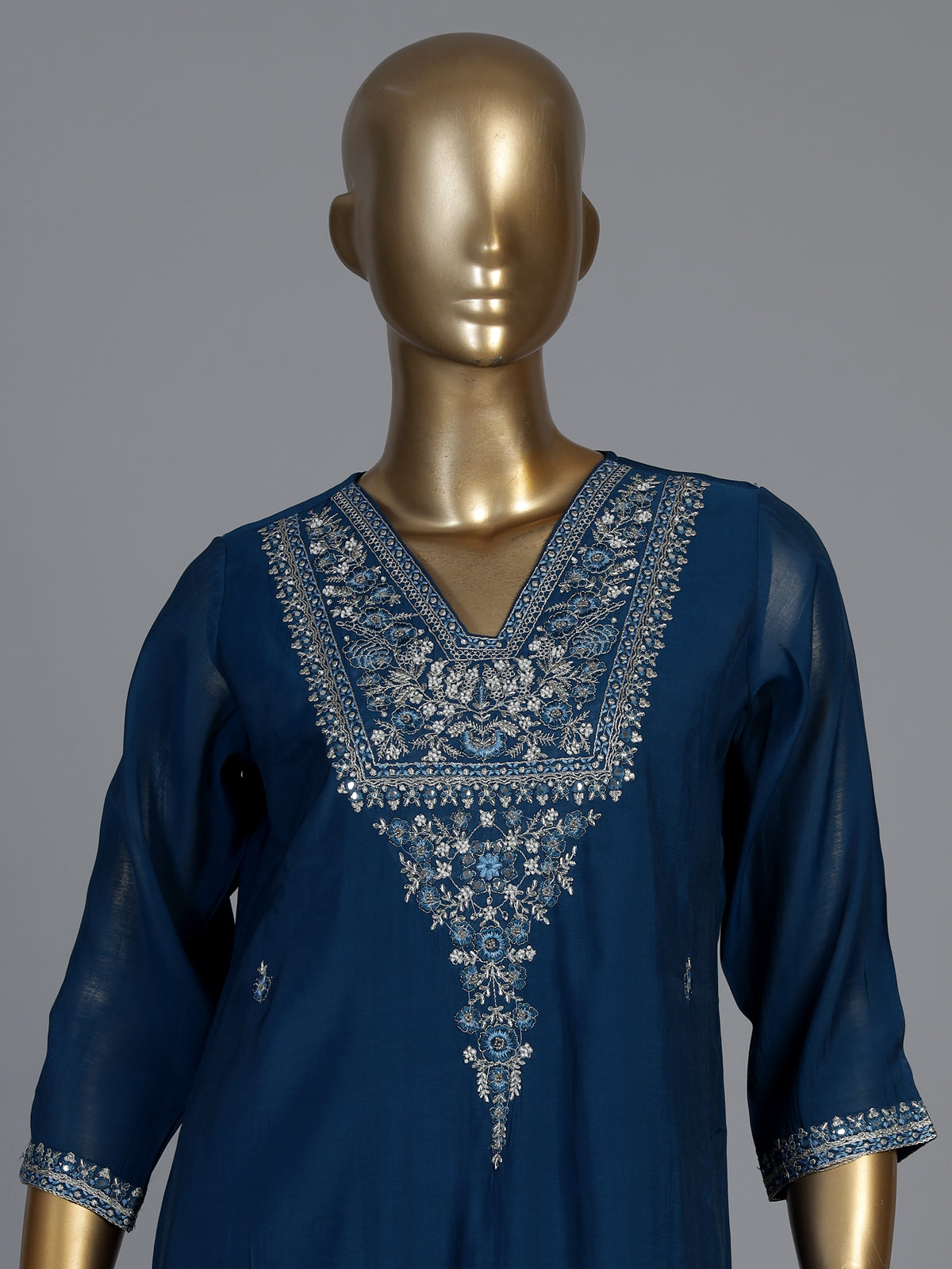Rama blue silk yoke style kurti set with aabla and beadwork