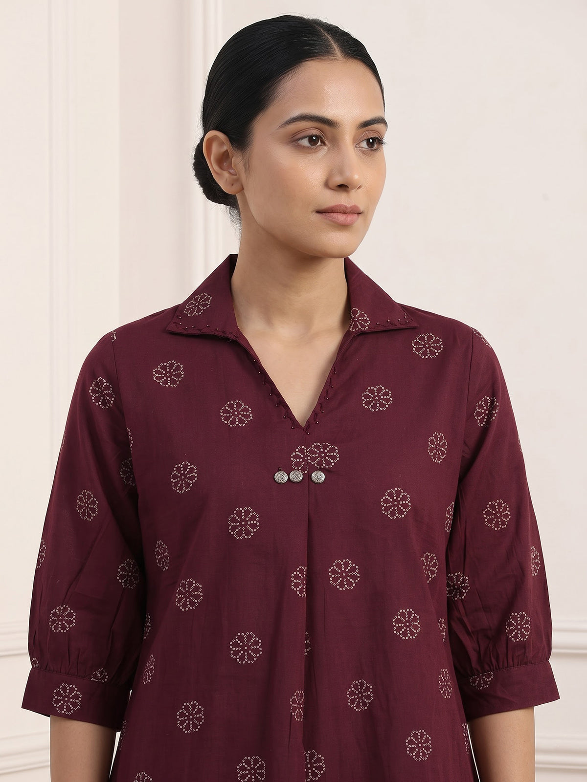Wine silk printed co ord set with collar neck quarter sleeves