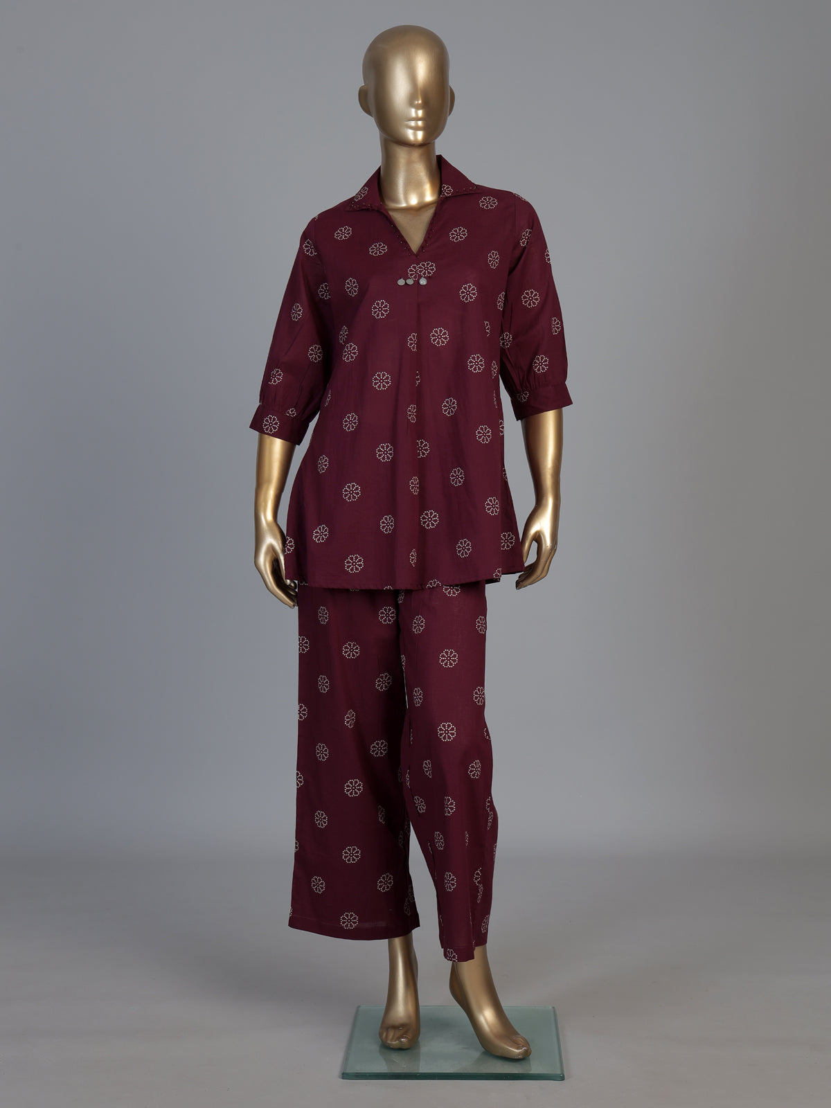 Wine silk printed co ord set with collar neck quarter sleeves