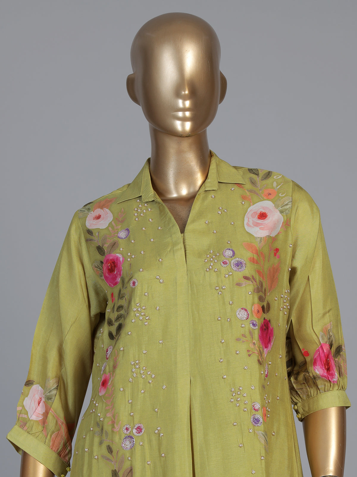 Mehendi green silk floral kurti with zardosi work