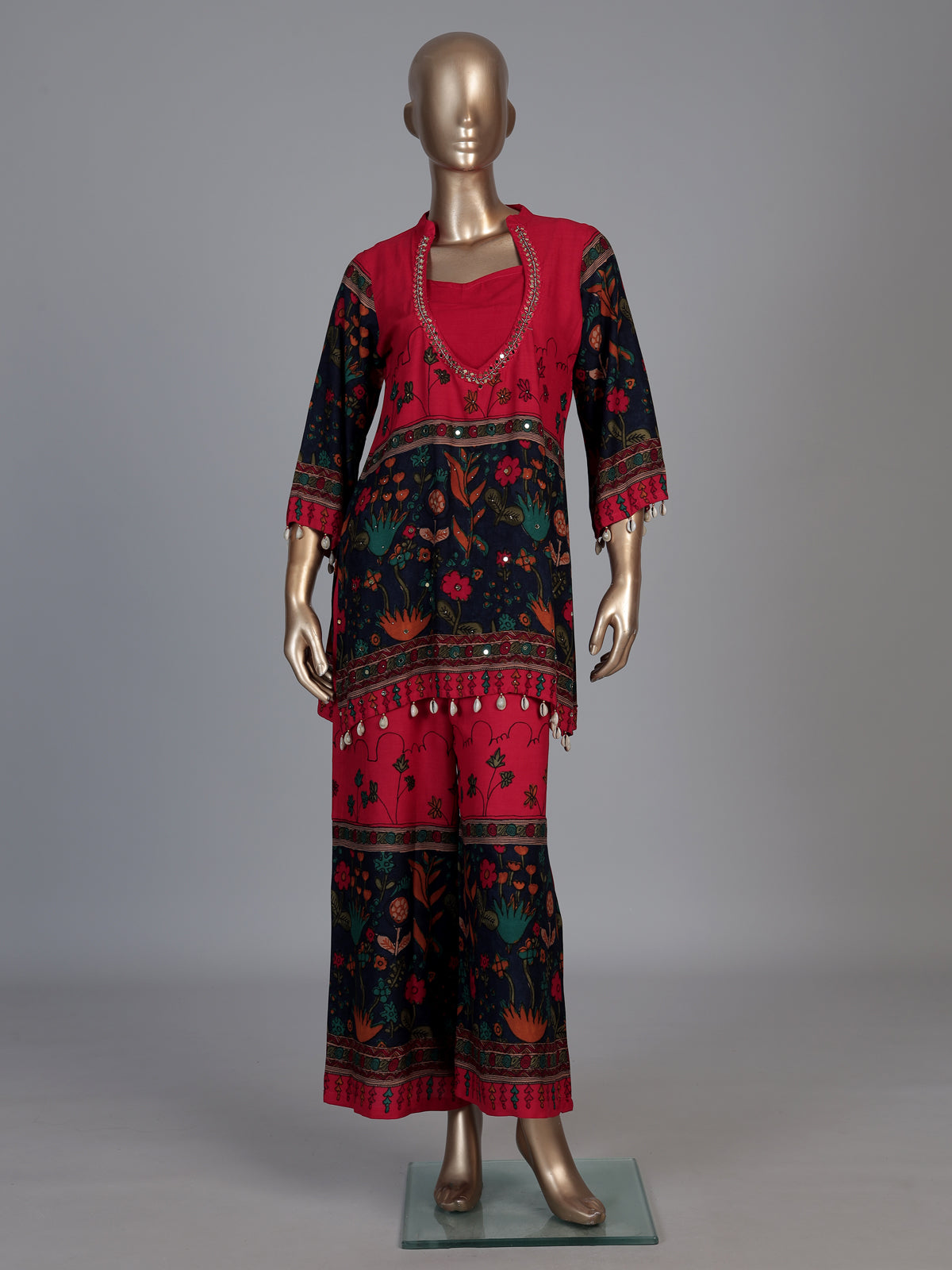 Red silk printed three piece palazzo co ord set