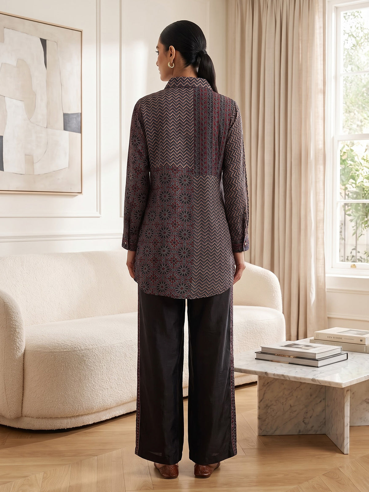 Black crepe silk printed casual palazzo co ord set