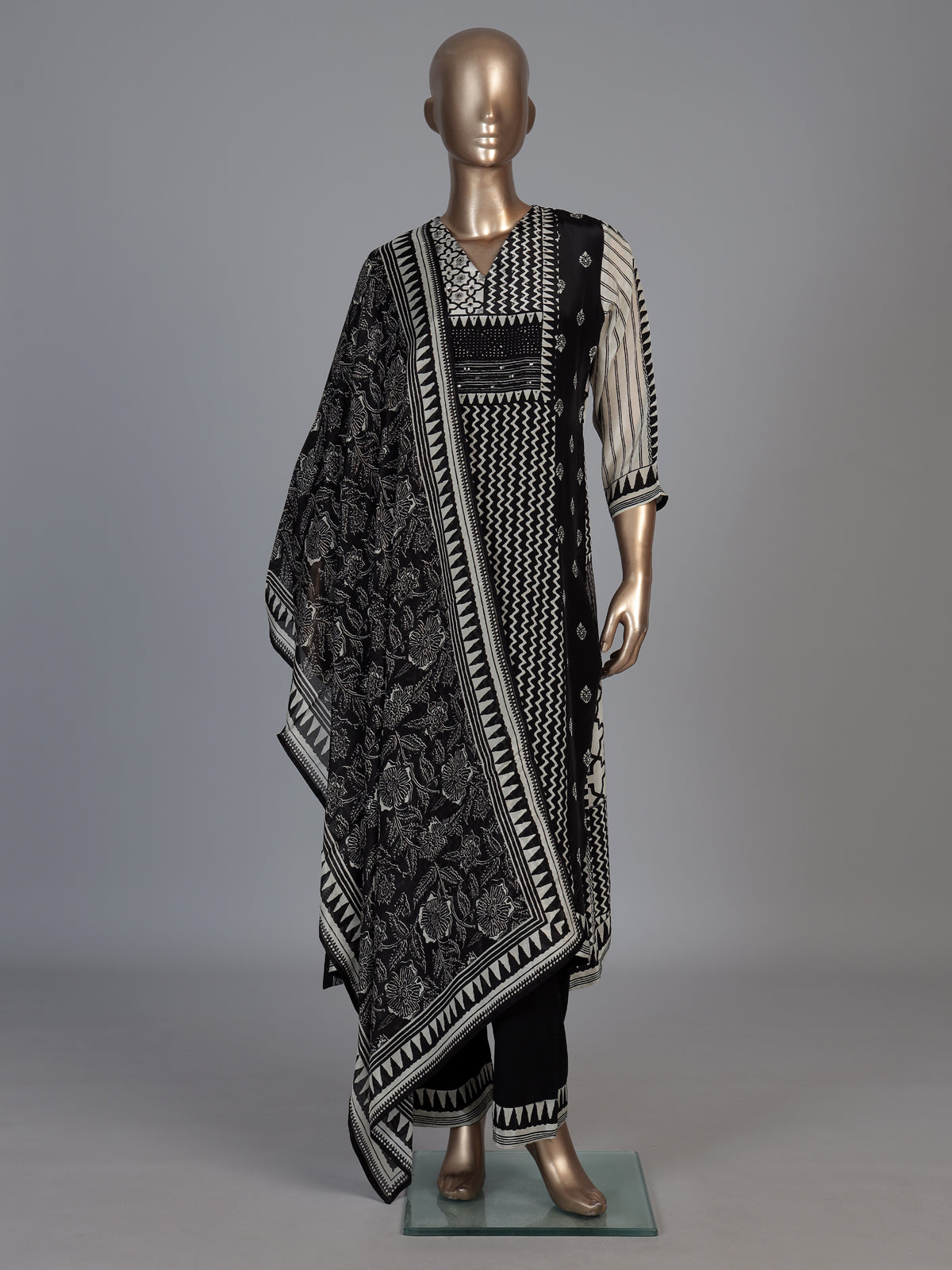 Black silk printed festive kurti set with dupatta