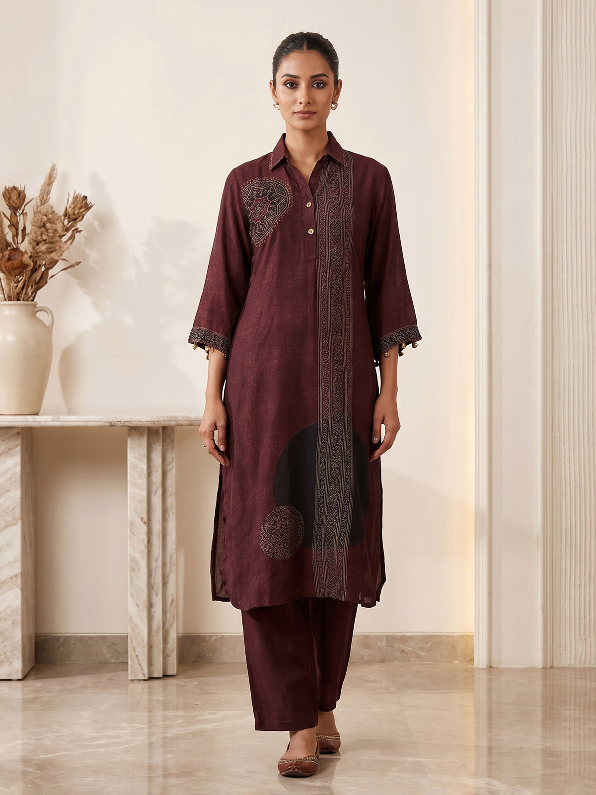 Brown crepe silk printed festive kurti set