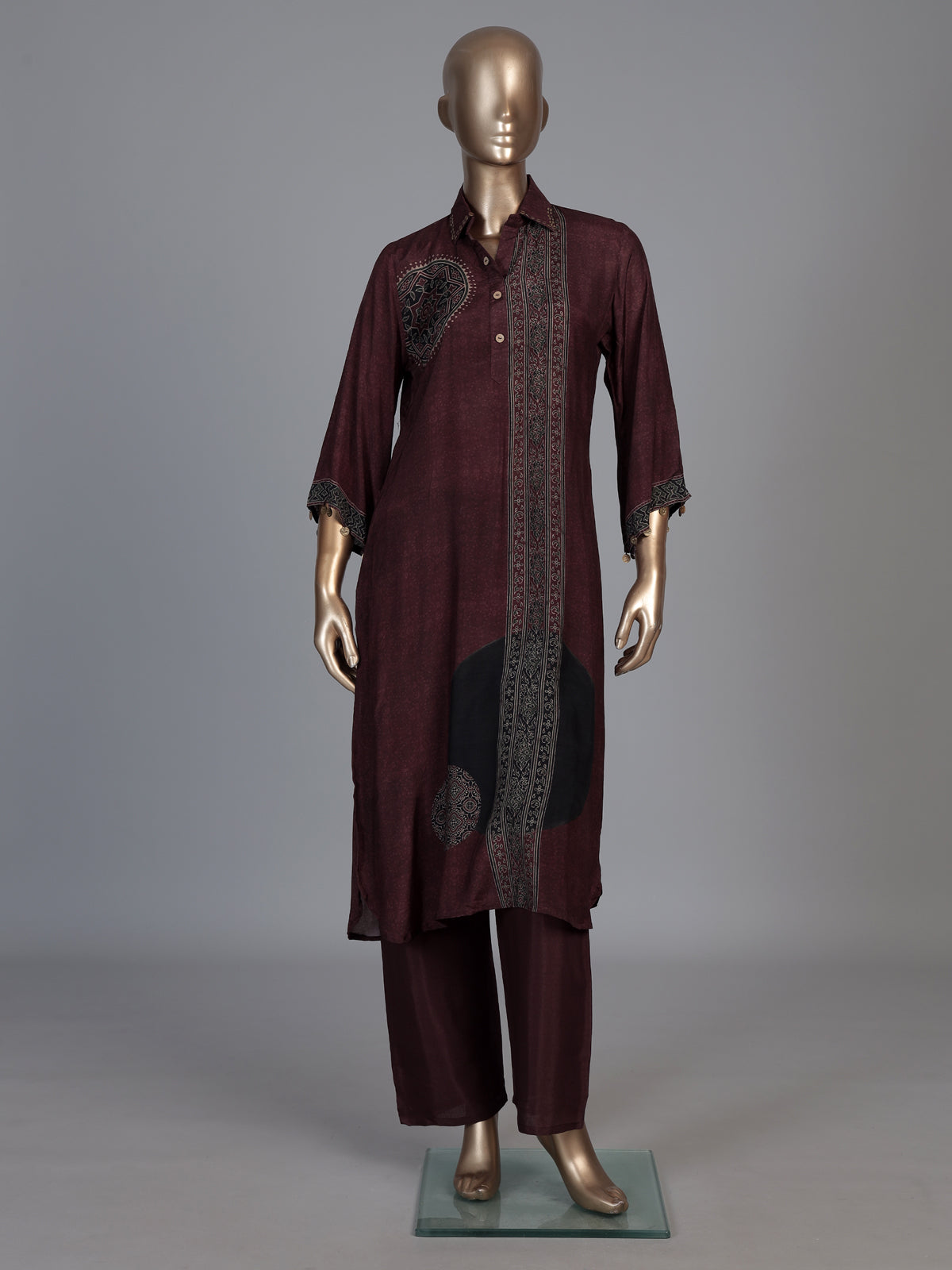 Brown crepe silk printed festive kurti set