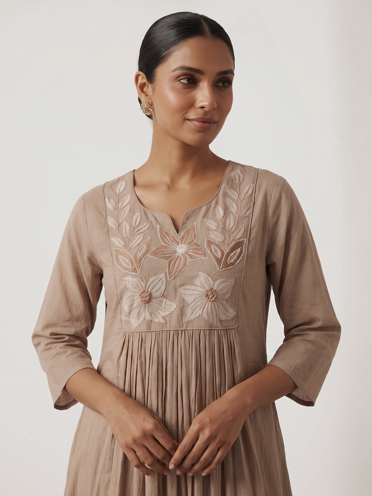 Beige cotton embroidered festive kurti set