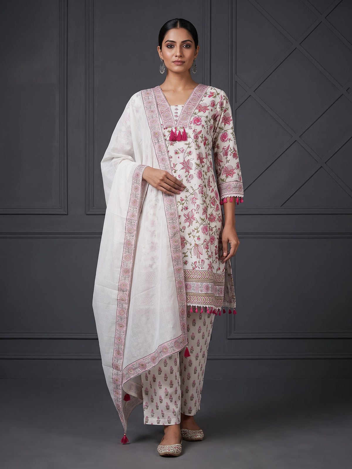 Off white cotton floral festive palazzo kurti set
