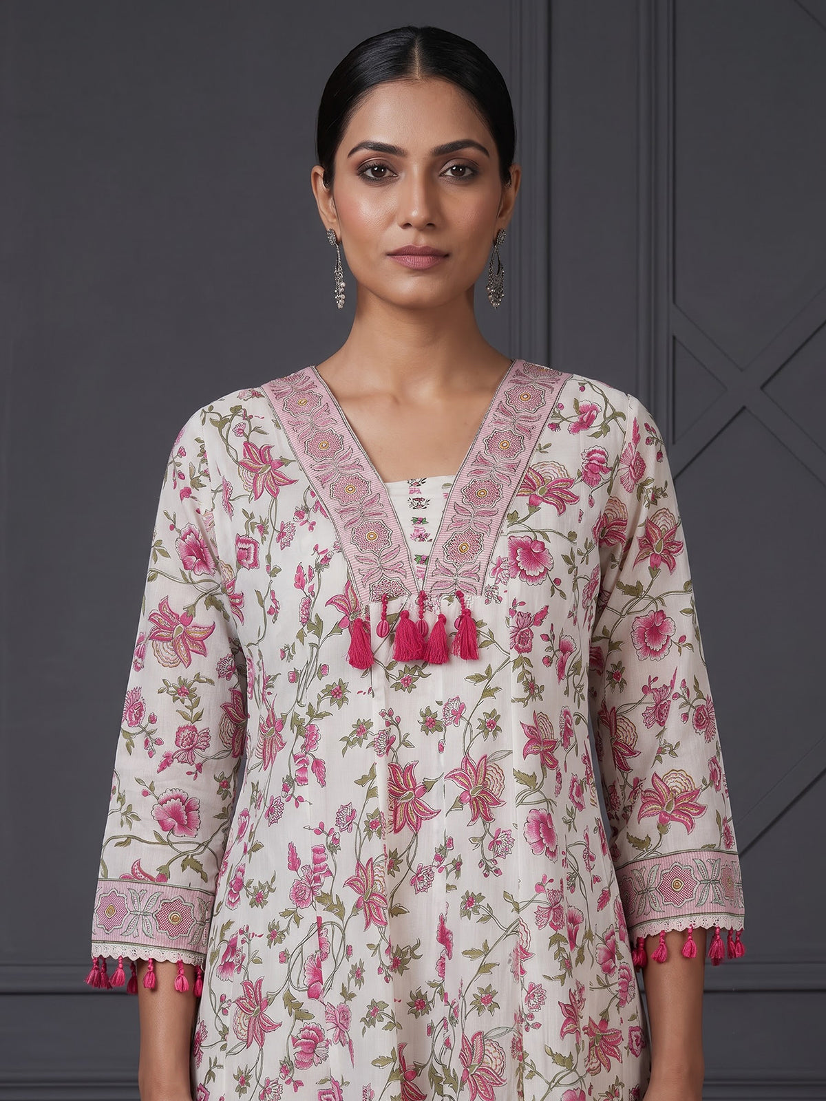 Off white cotton floral festive palazzo kurti set