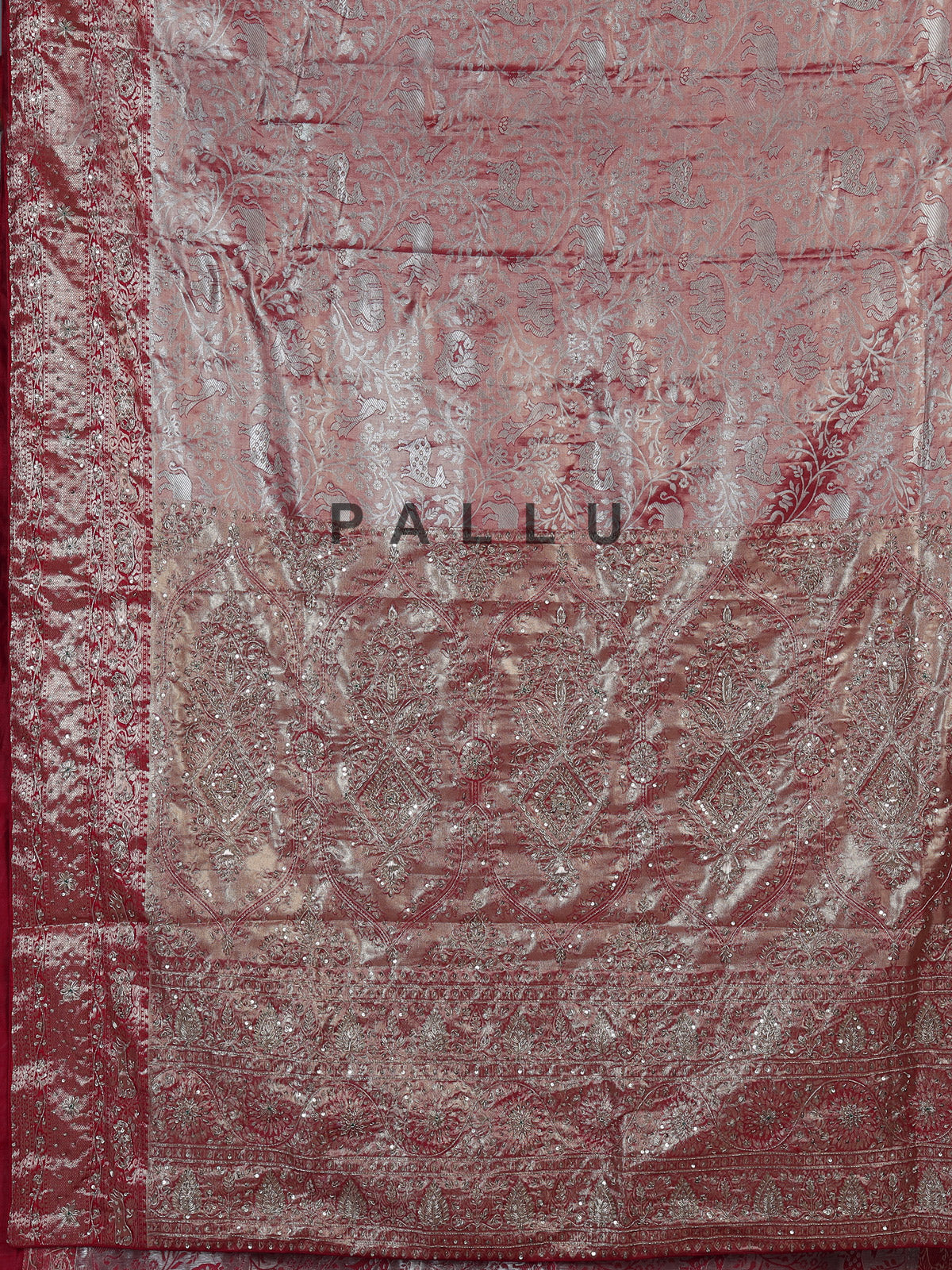 Red tissue silk motif wedding saree with designer elegance