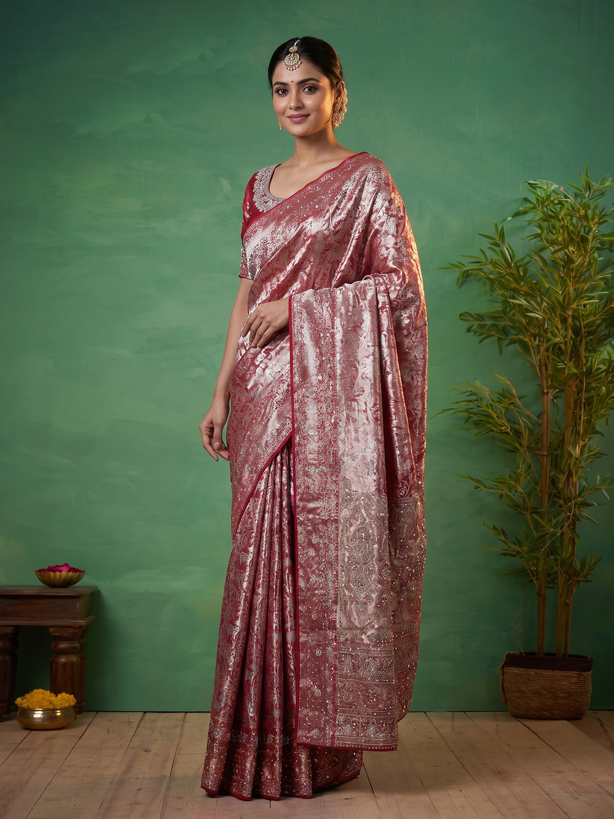 Red tissue silk motif wedding saree with designer elegance