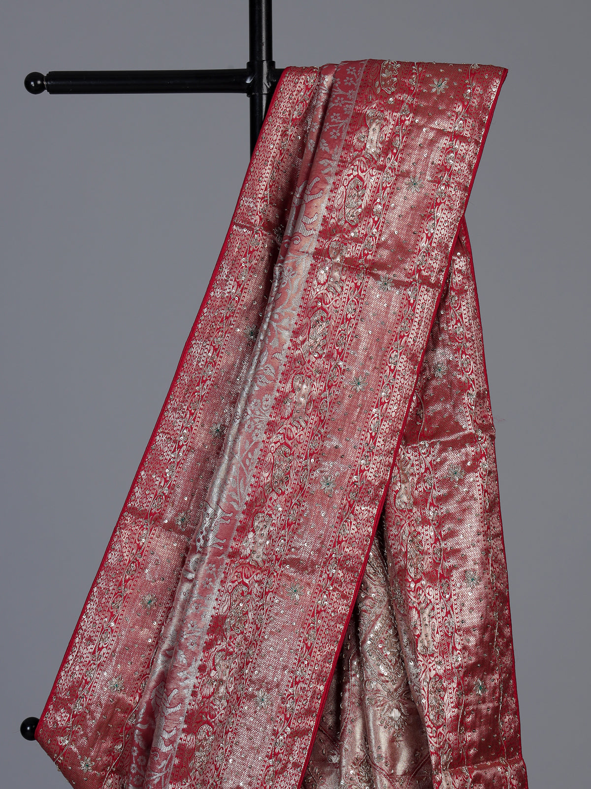 Red tissue silk motif wedding saree with designer elegance