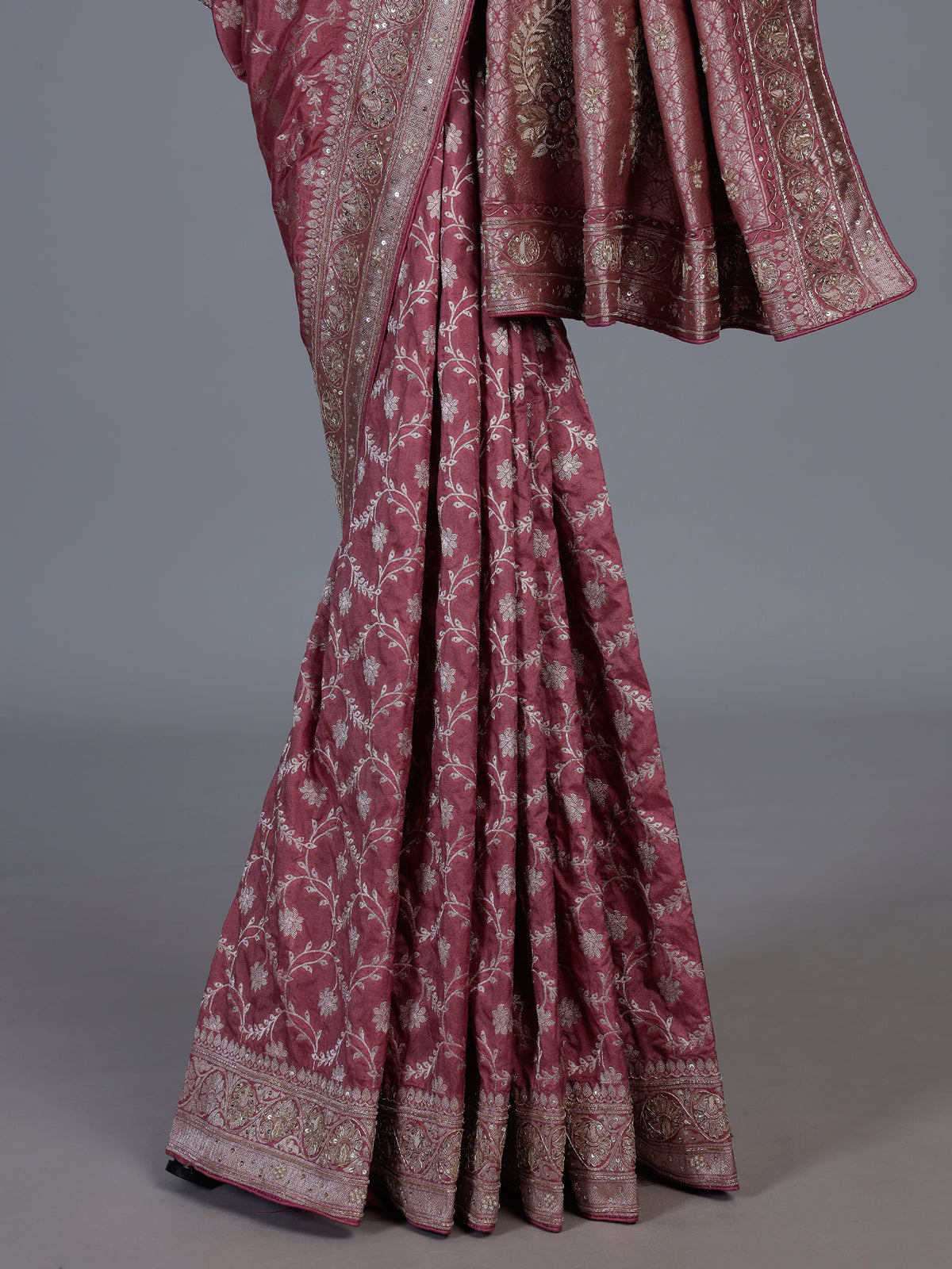 Mauve pink dola silk festive saree with zari work