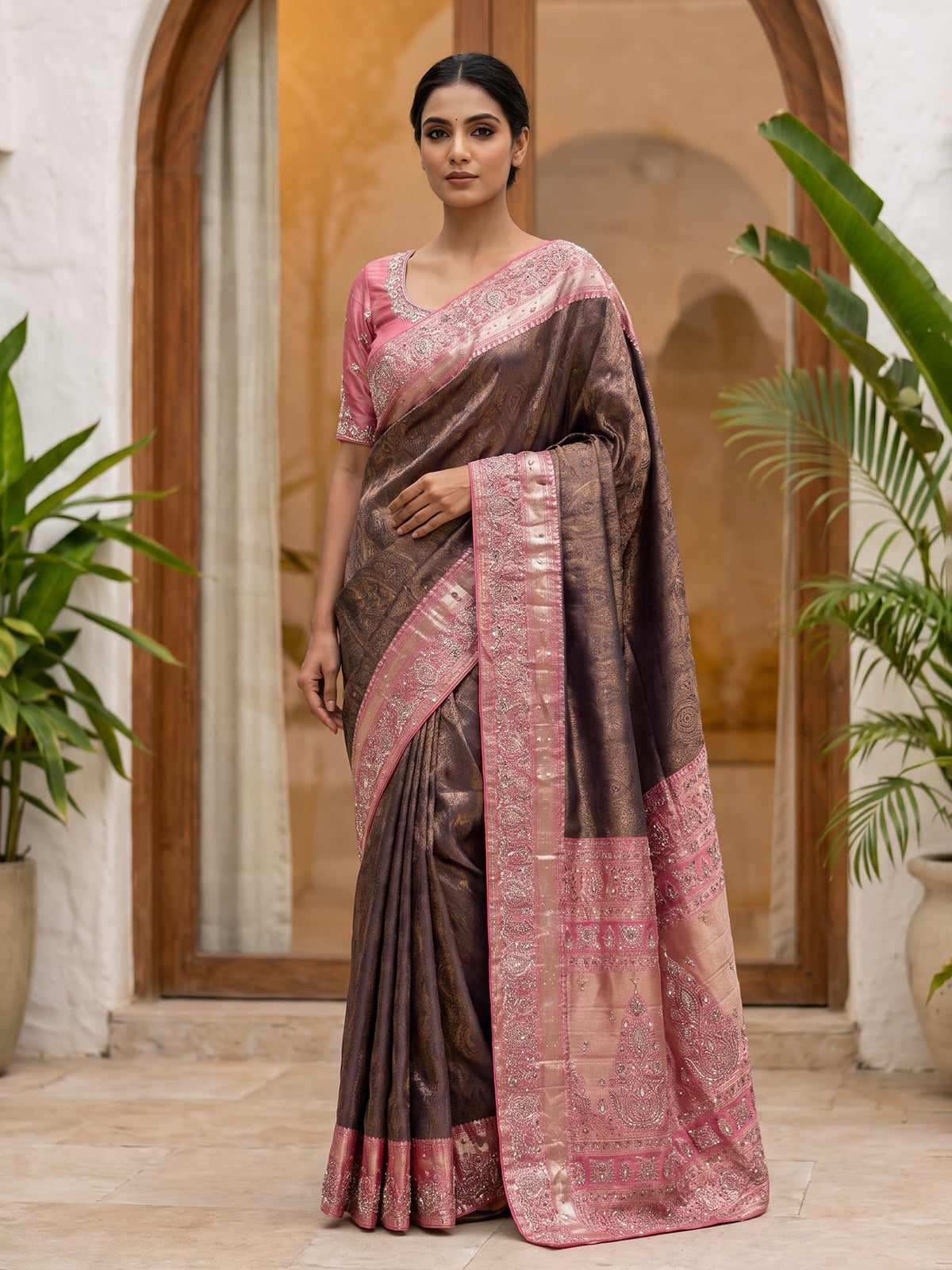 Grey kanjivaram silk contrast border festive designer saree women