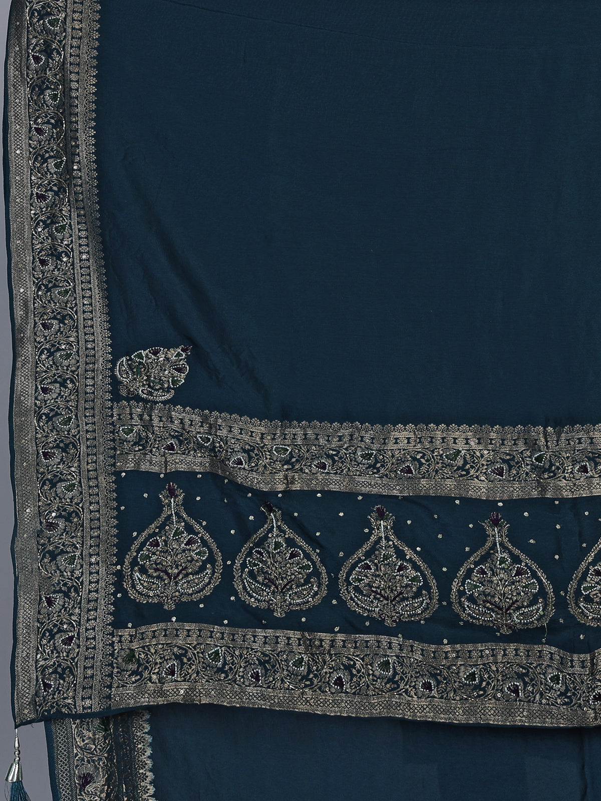 Teal blue dola silk saree with floral tassel designer work