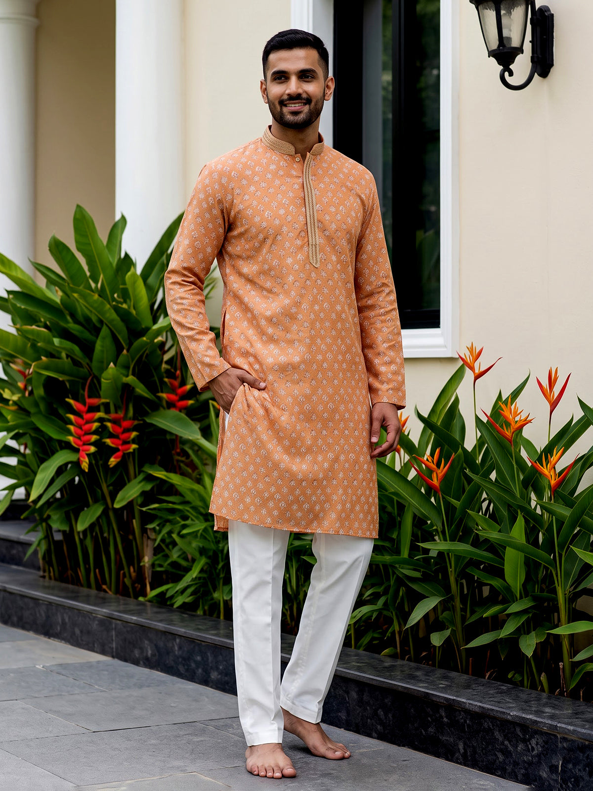 Wine cotton silk printed festive kurta suit for men with classic mandarin collar