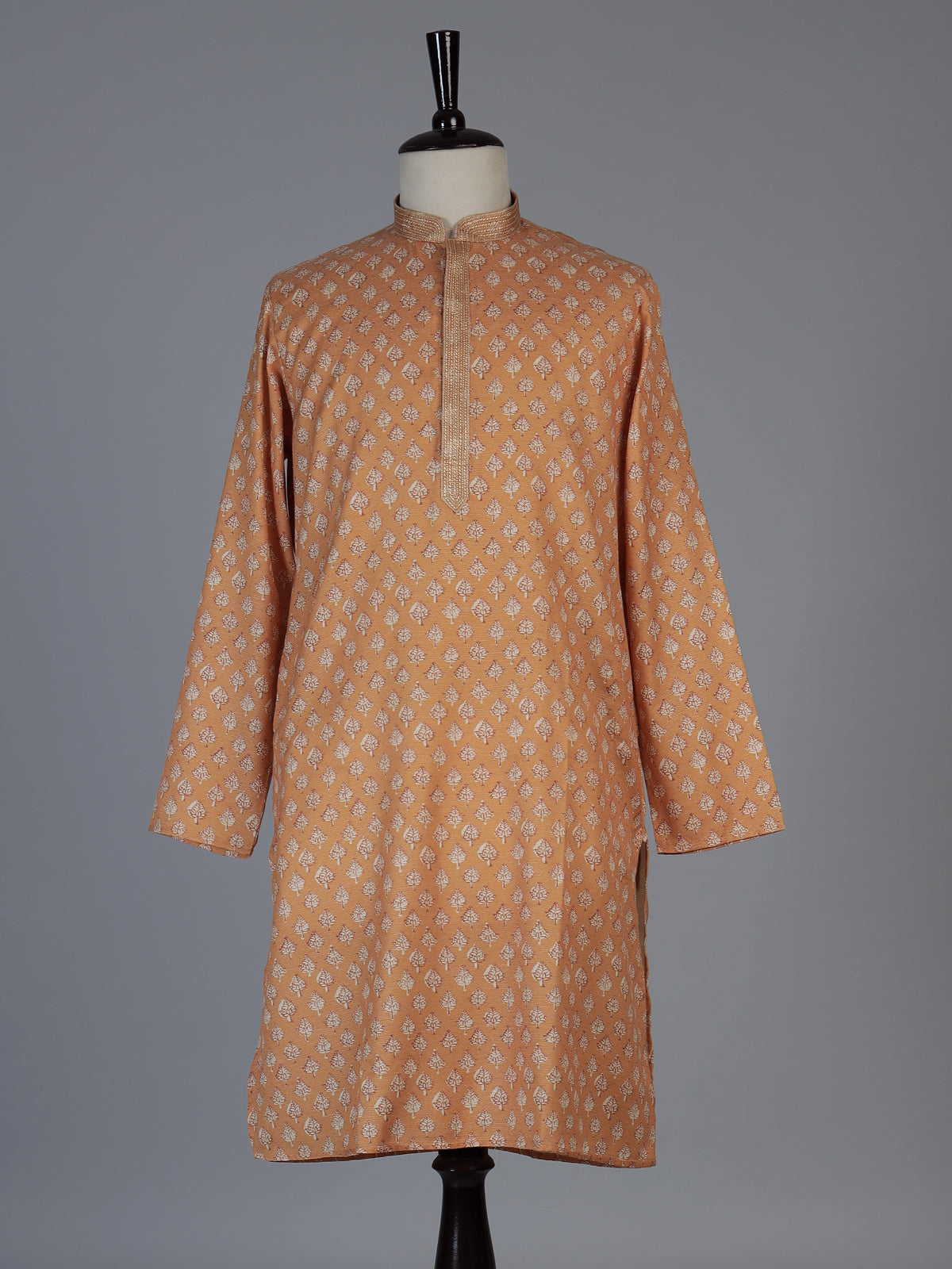 Wine cotton silk printed festive kurta suit for men with classic mandarin collar