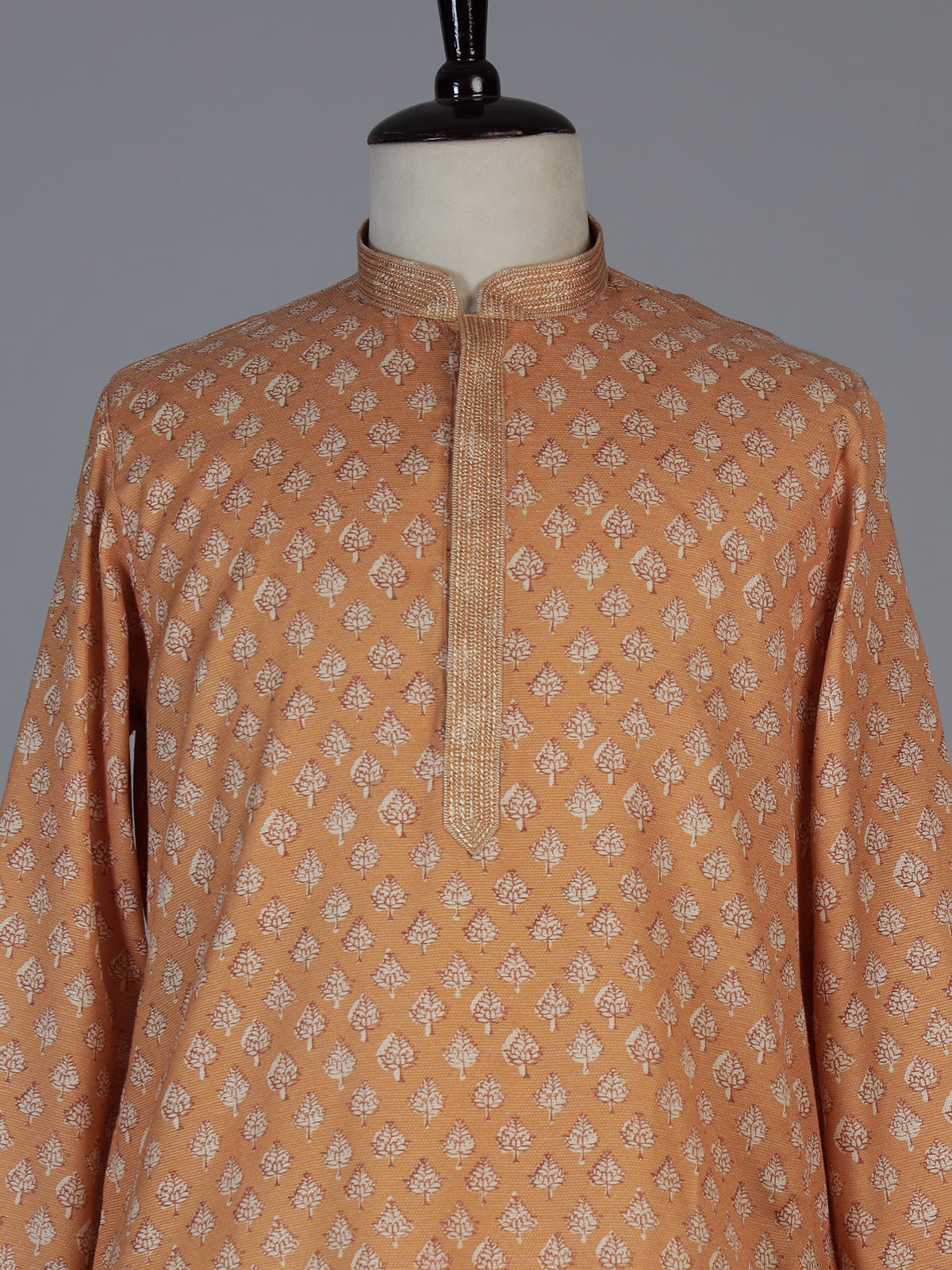Wine cotton silk printed festive kurta suit for men with classic mandarin collar