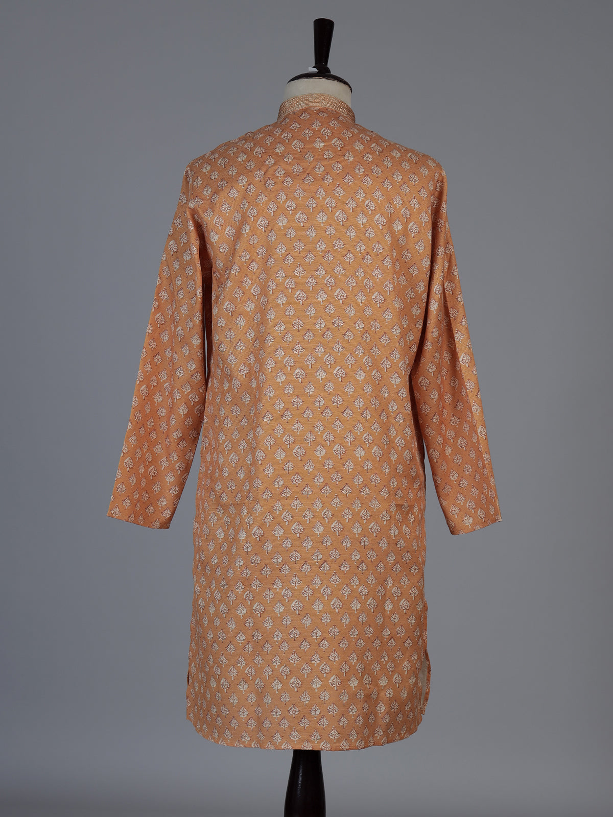 Wine cotton silk printed festive kurta suit for men with classic mandarin collar