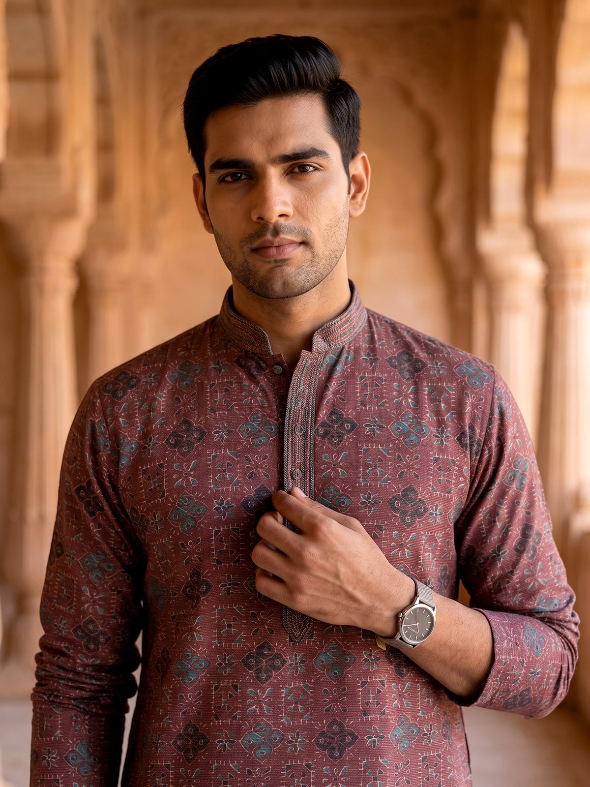Peach cotton silk printed festive kurta suit for men with elegant mandarin collar