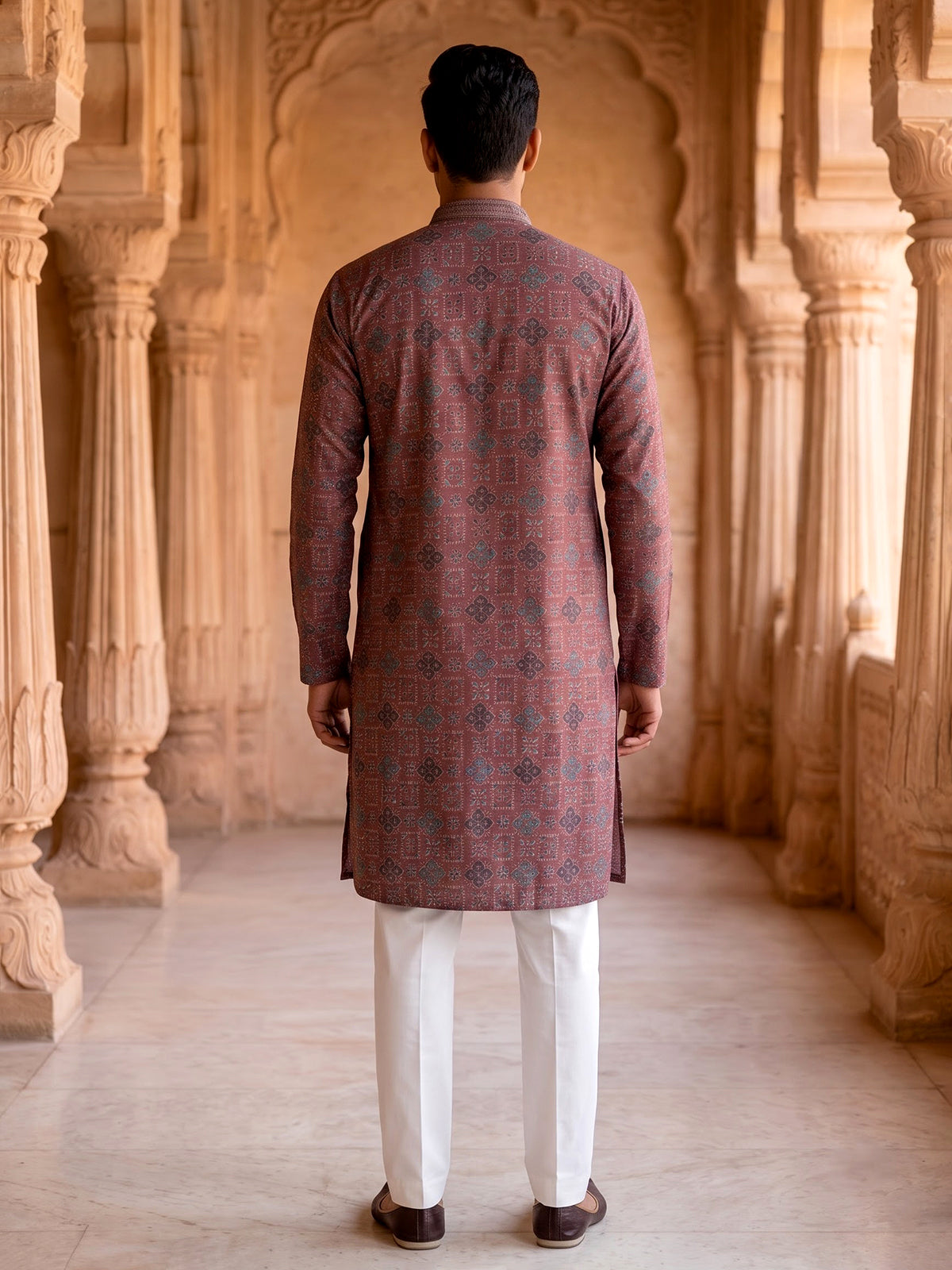 Peach cotton silk printed festive kurta suit for men with elegant mandarin collar