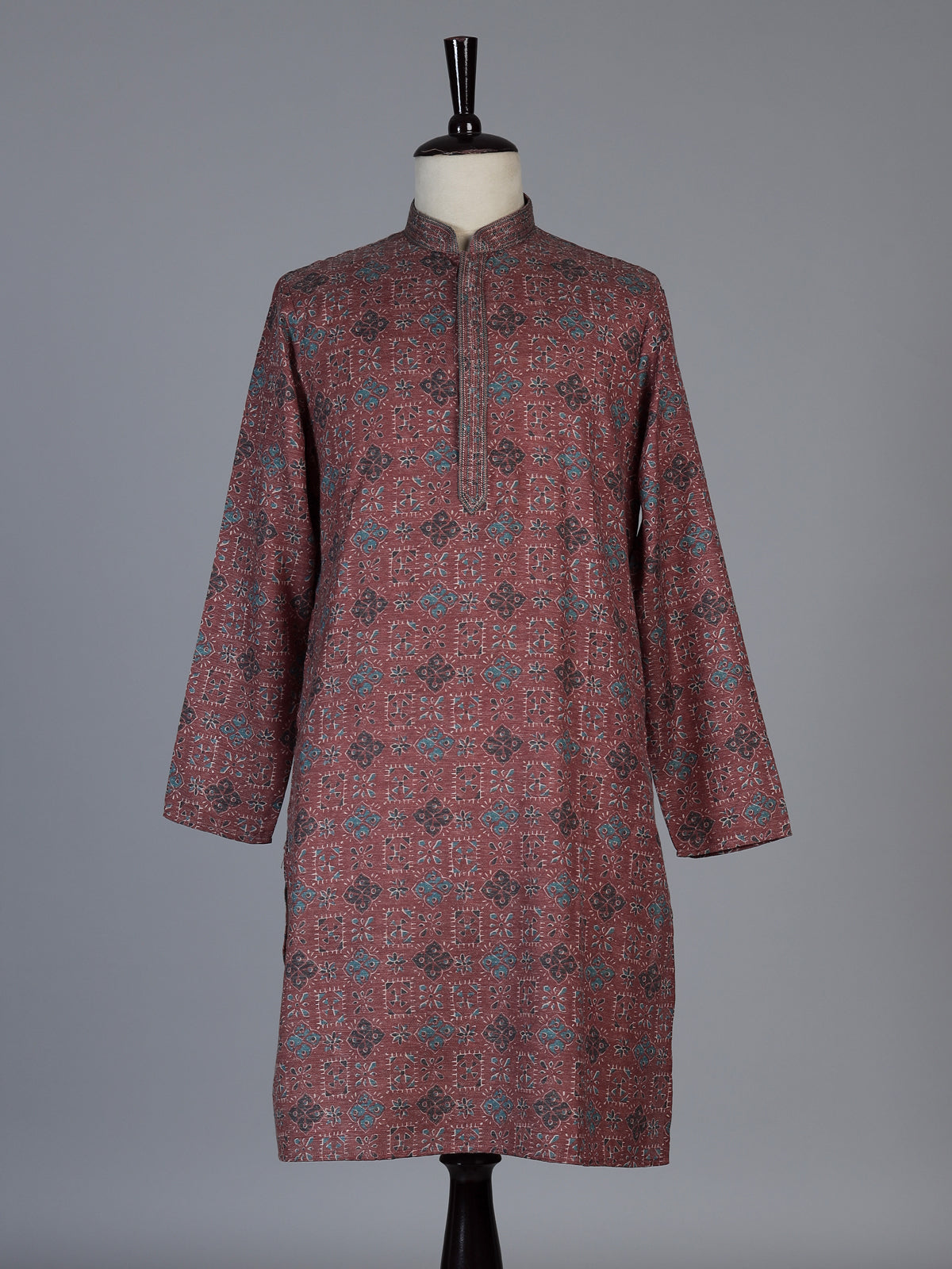 Peach cotton silk printed festive kurta suit for men with elegant mandarin collar