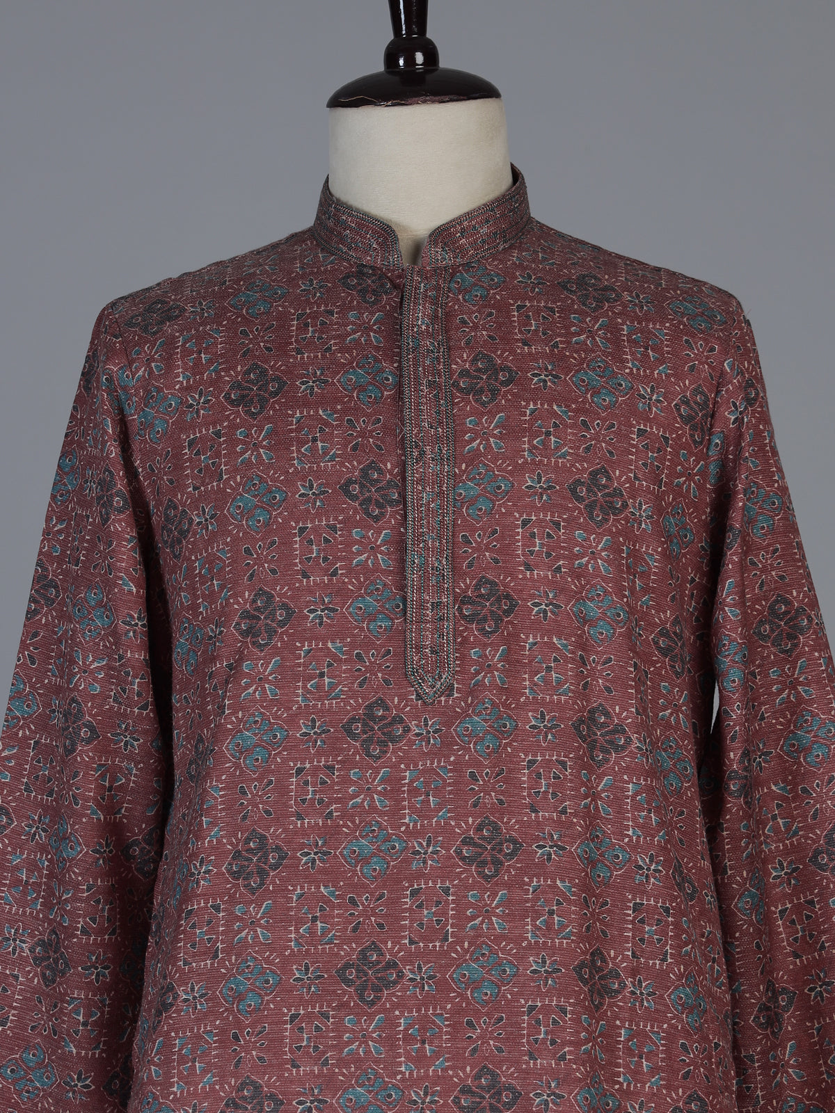 Peach cotton silk printed festive kurta suit for men with elegant mandarin collar