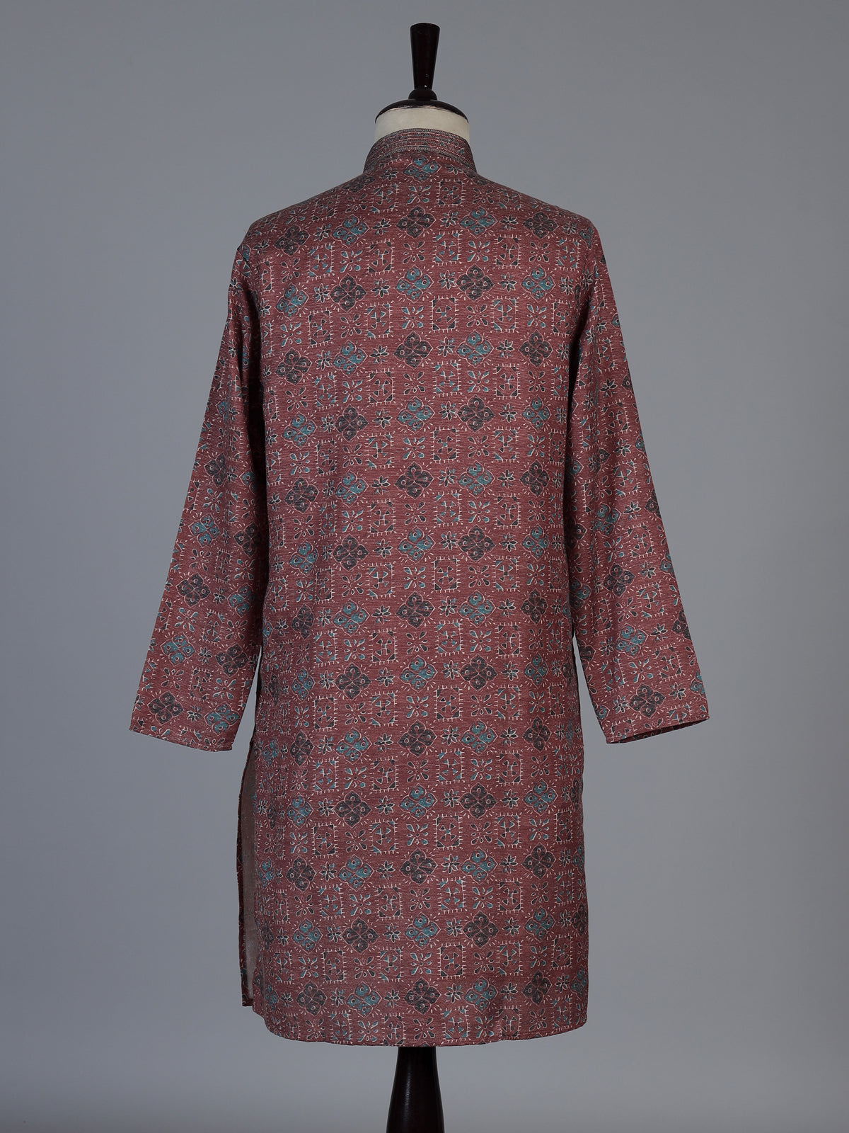 Peach cotton silk printed festive kurta suit for men with elegant mandarin collar