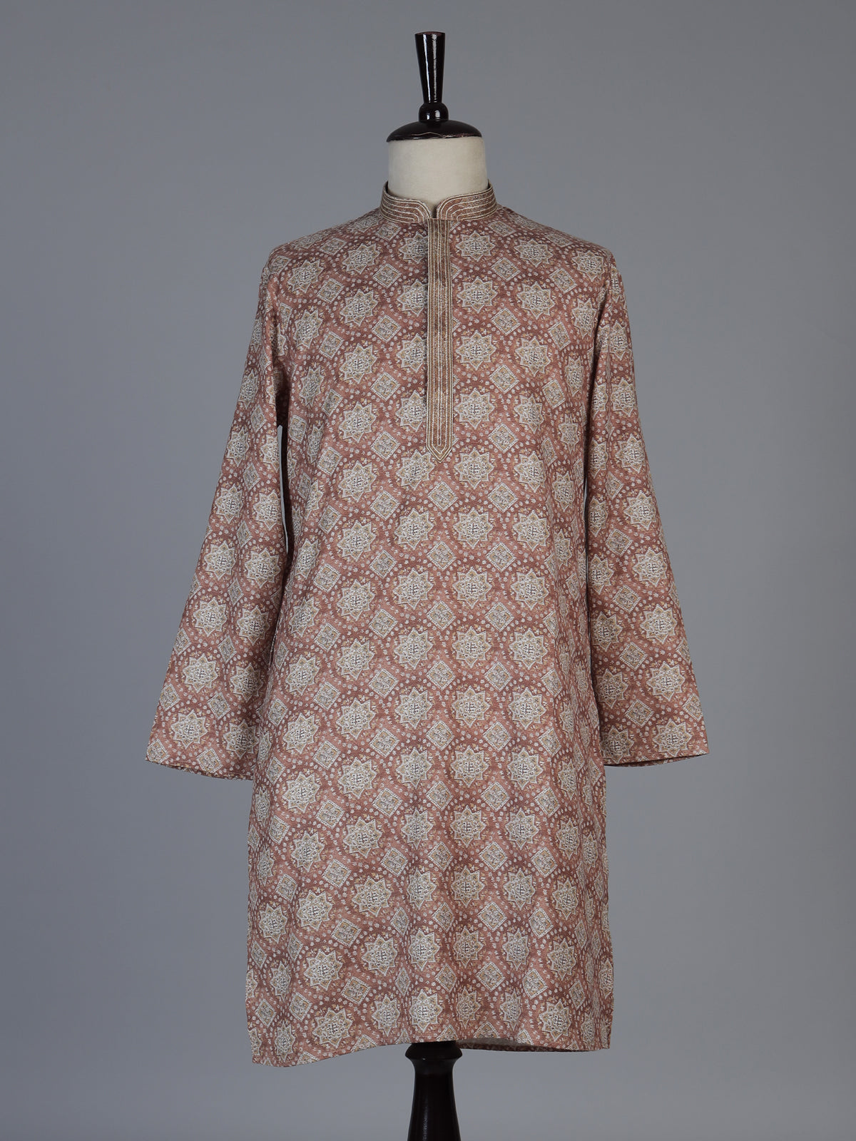 Brown silk printed festive kurta suit for men with mandarin collar elegance
