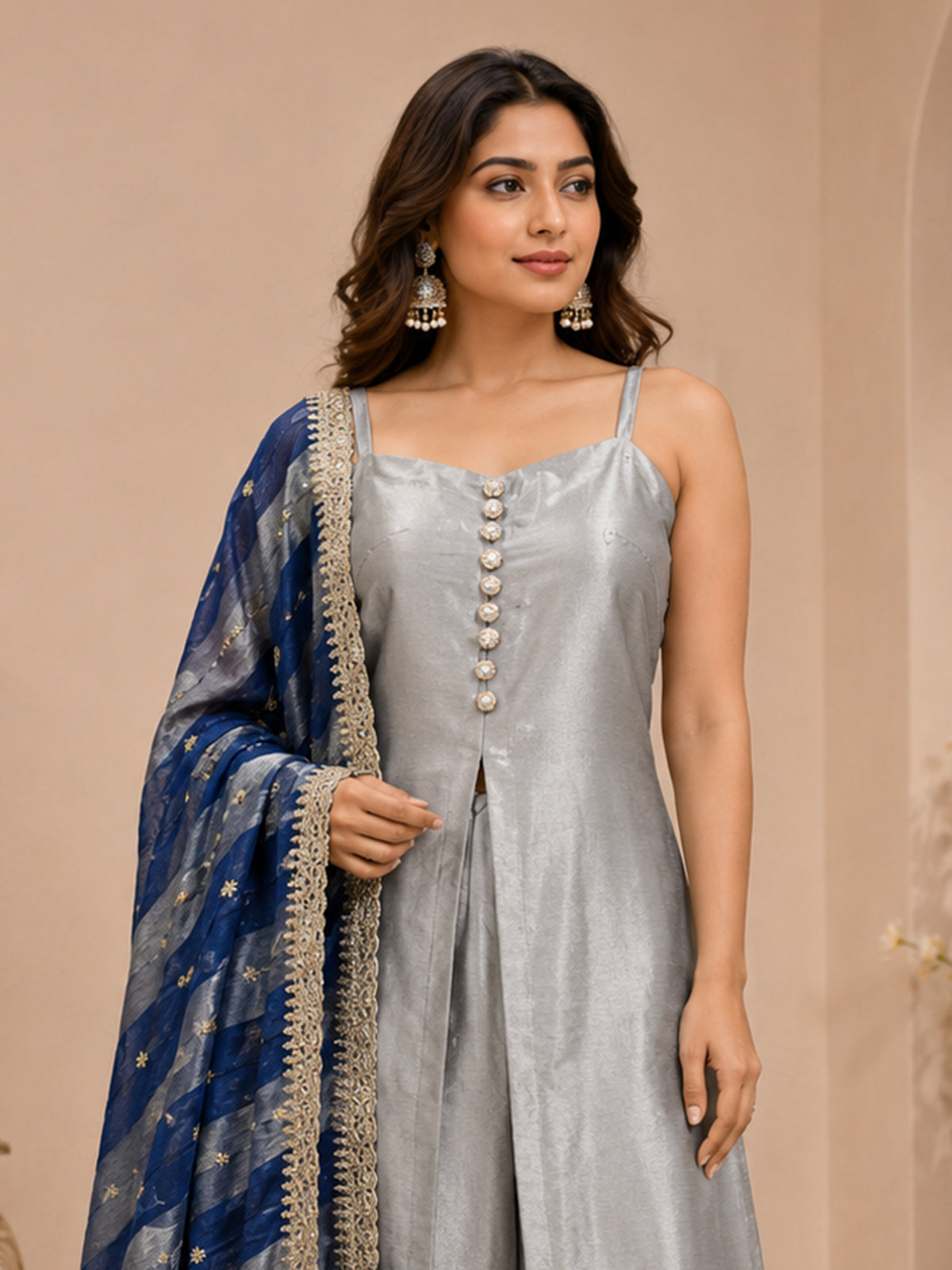 Radiant silver festive palazzo suit for women