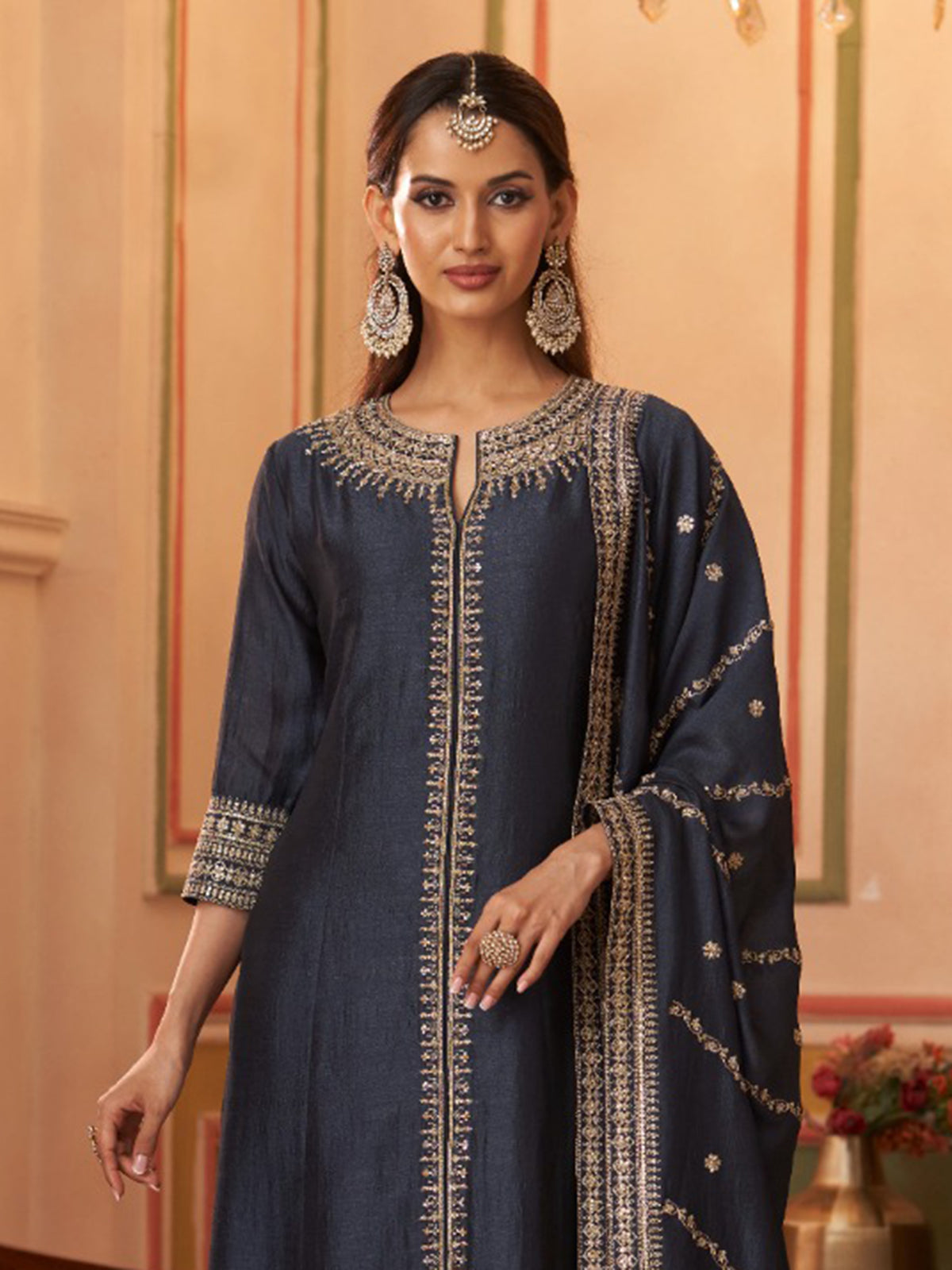 Heritage navy blue silk kurti set women