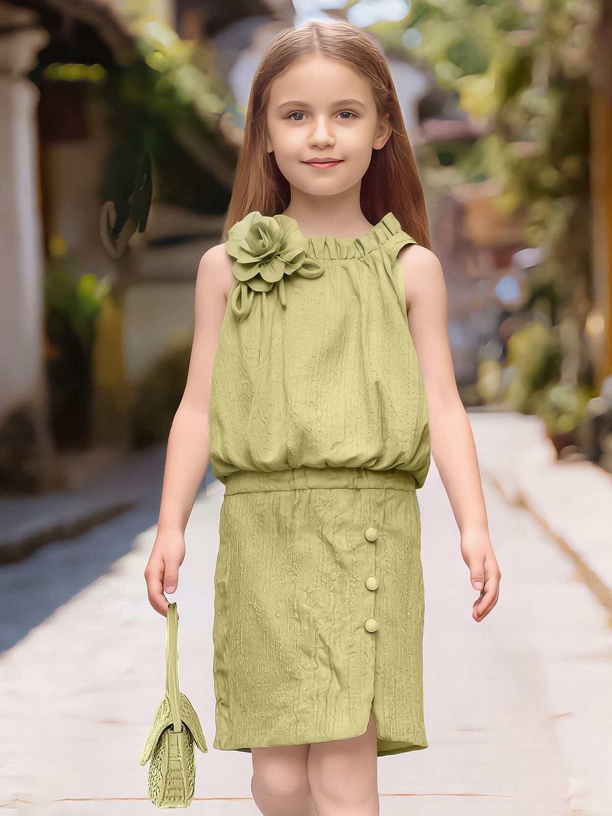 Green halter chiffon silk dress for girls