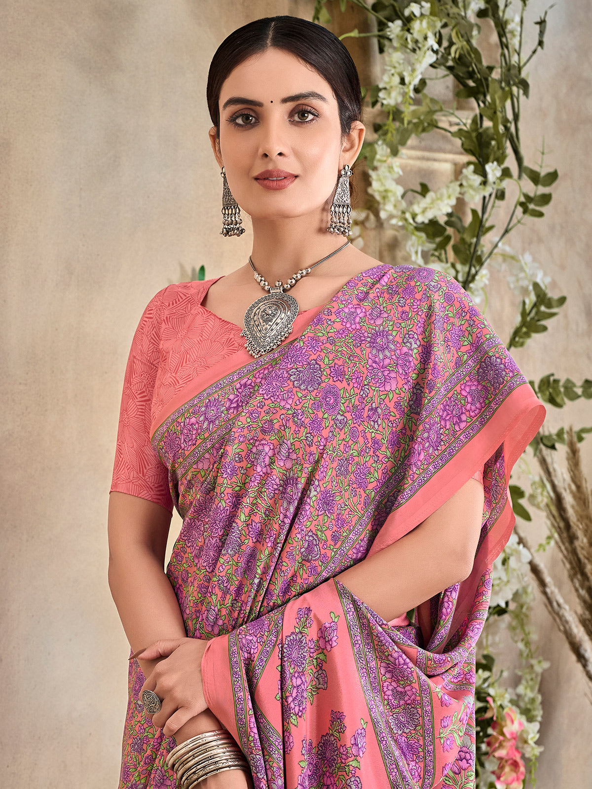 Purple and peach floral printed crepe silk casual saree