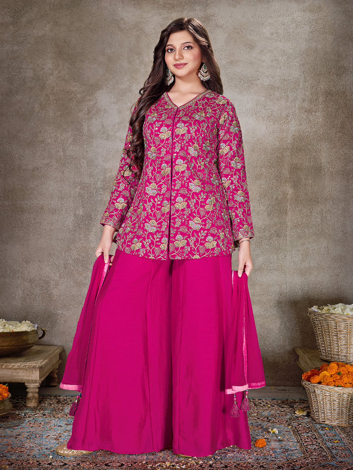 Rani pink festive crepe silk girls palazzo suit