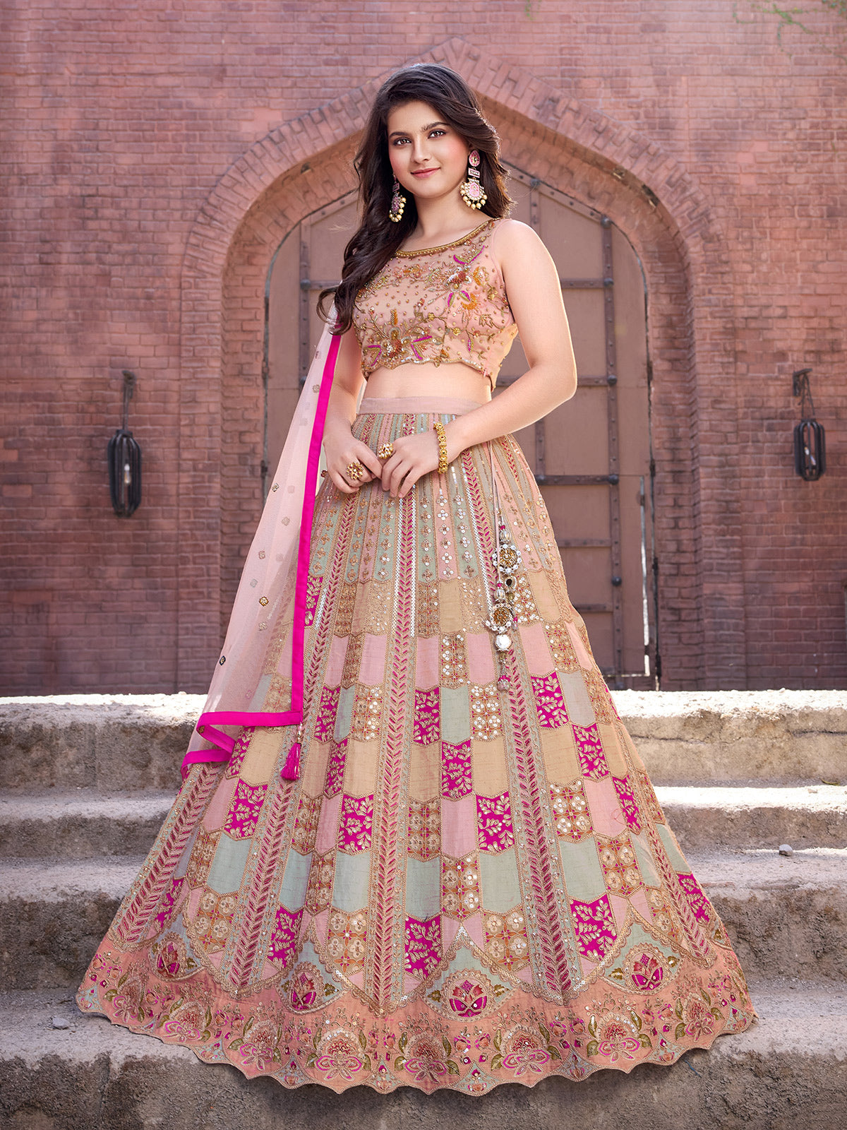 Pink printed silk celebration lehenga choli for girls