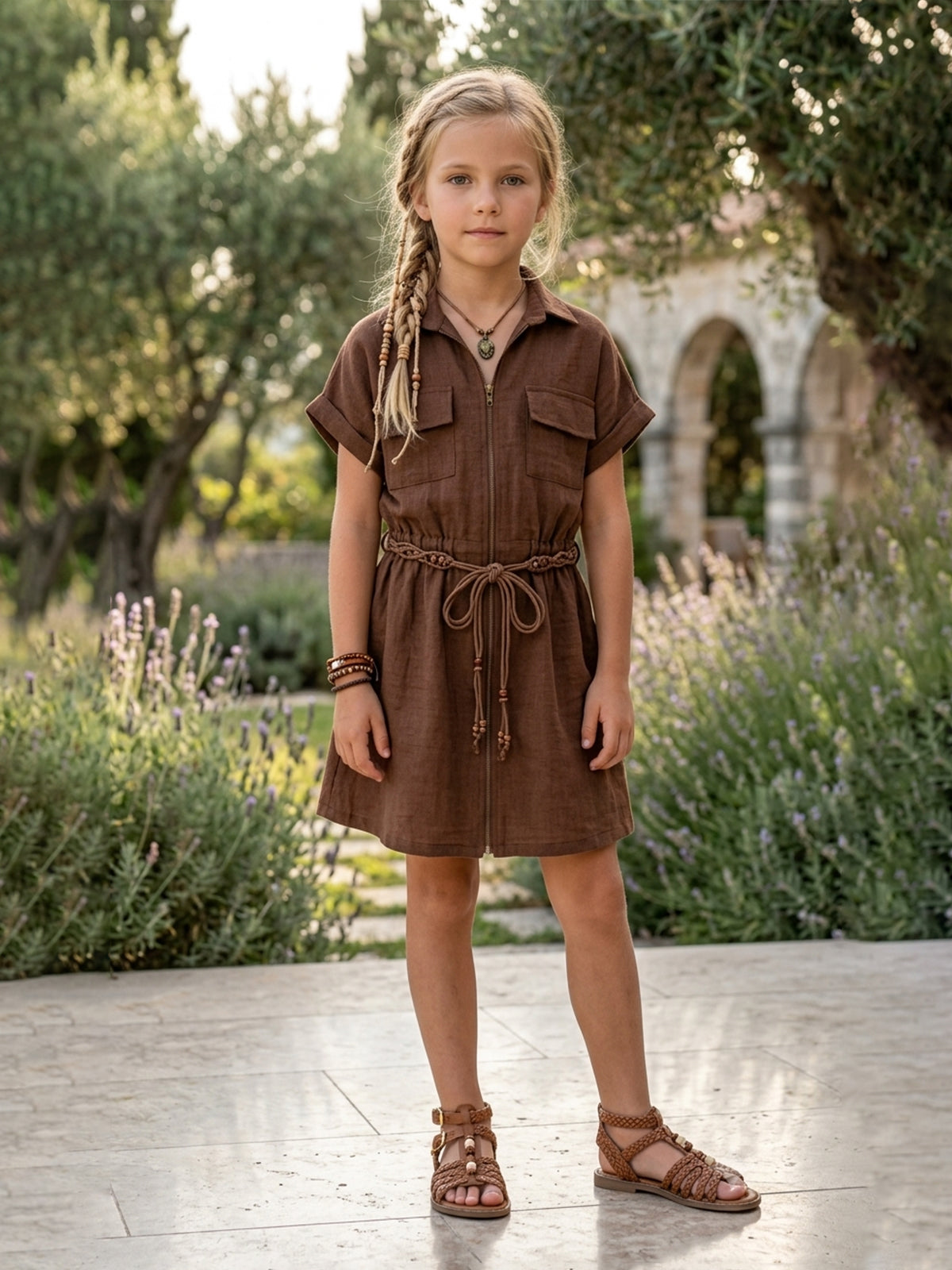 Brown beads work cotton silk dress for girls