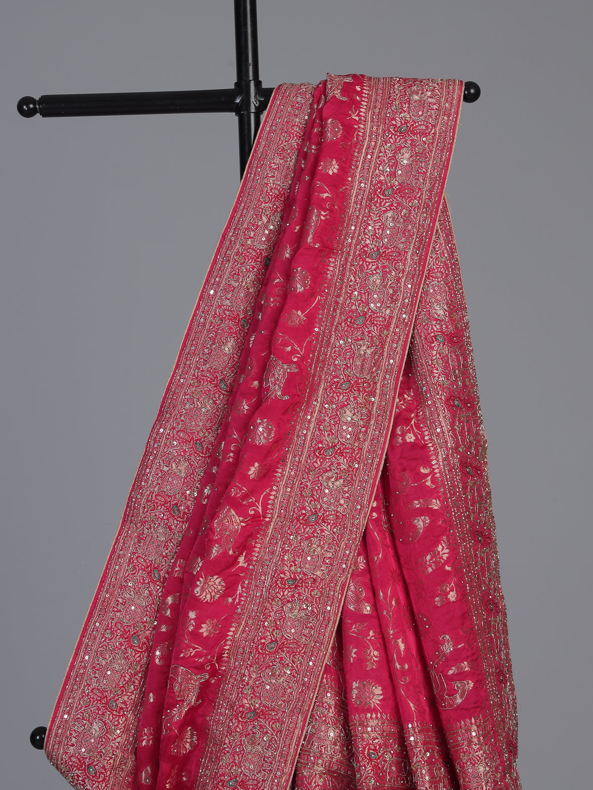 Deep rani pink dola silk floral designer festive saree