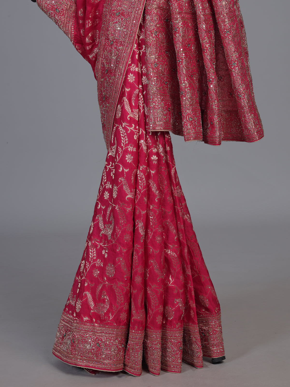 Deep rani pink dola silk floral designer festive saree