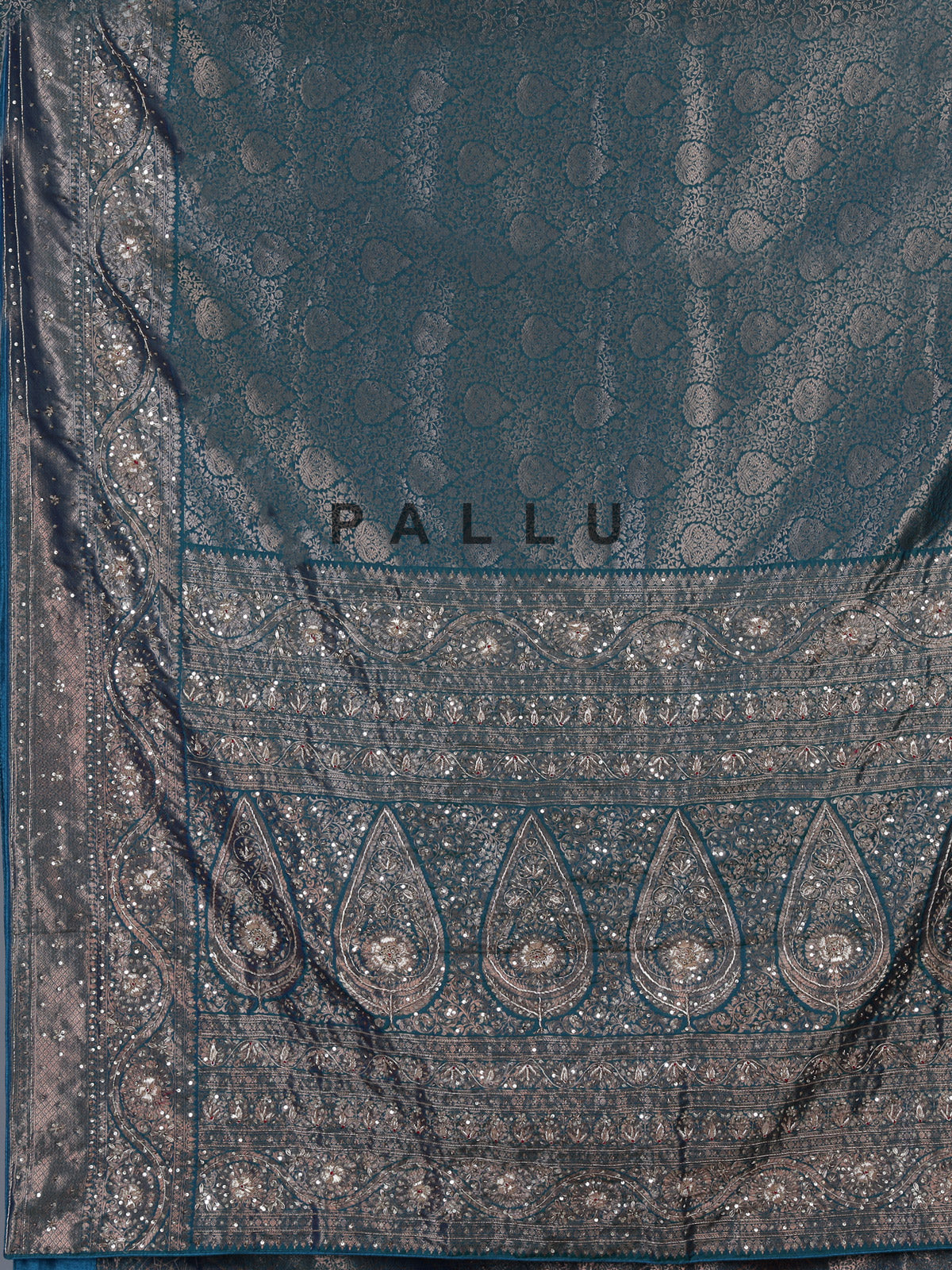 Teal blue kanjivaram silk floral designer festive saree