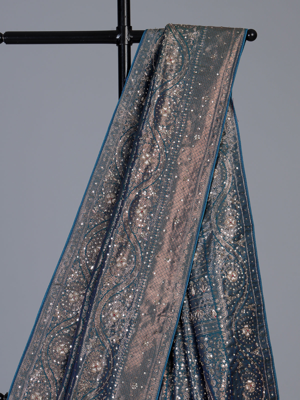 Teal blue kanjivaram silk floral designer festive saree