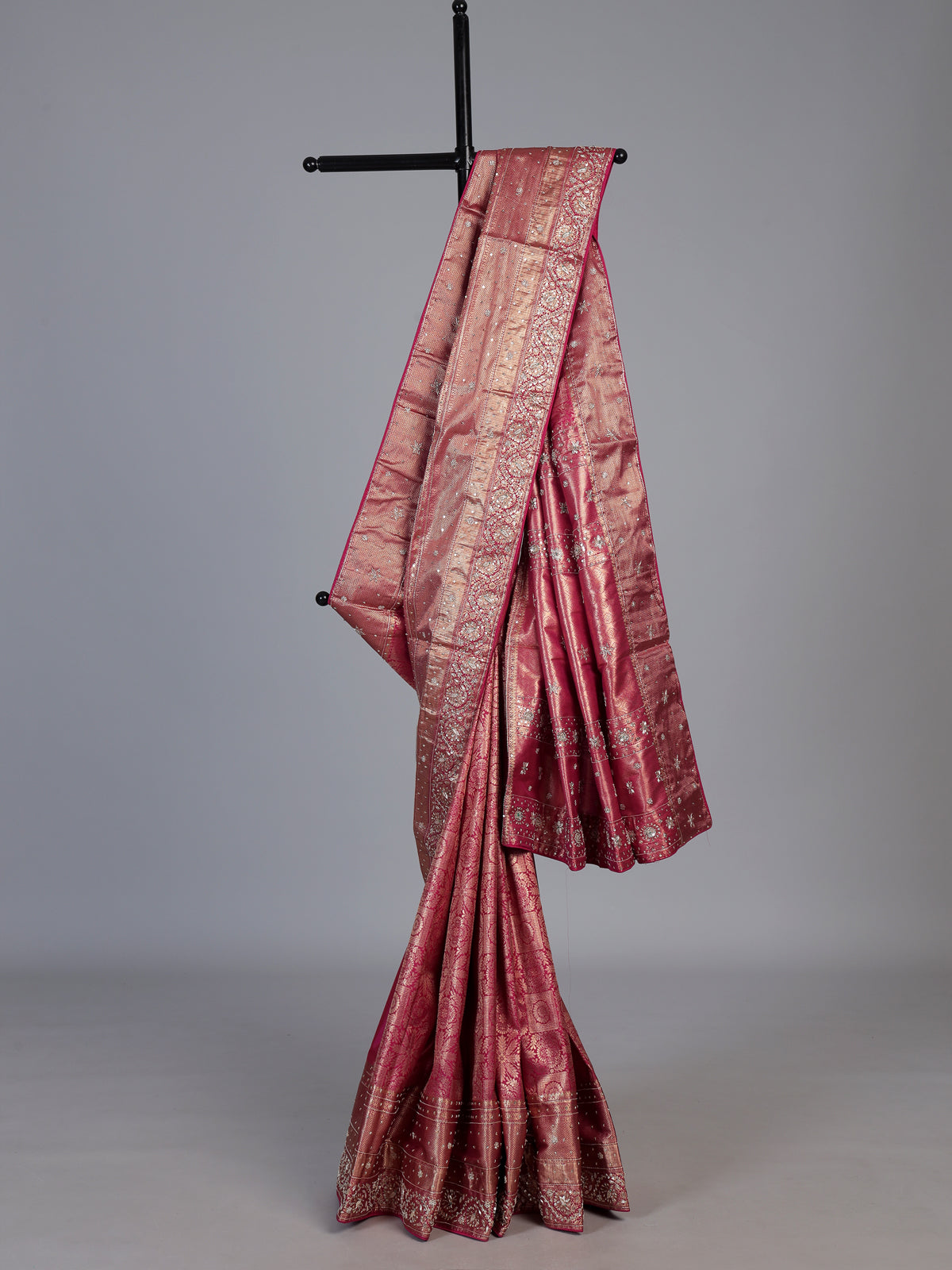 Rani pink kanjivaram silk floral festive saree for women