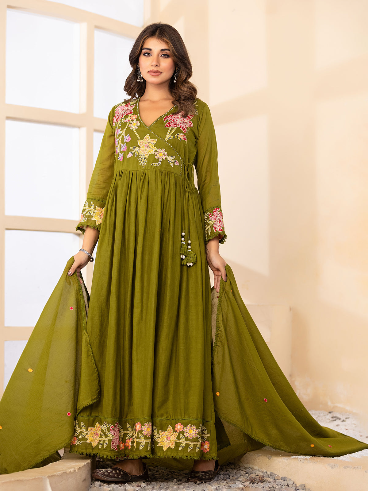 Green floral angrakha cotton silk kurti set