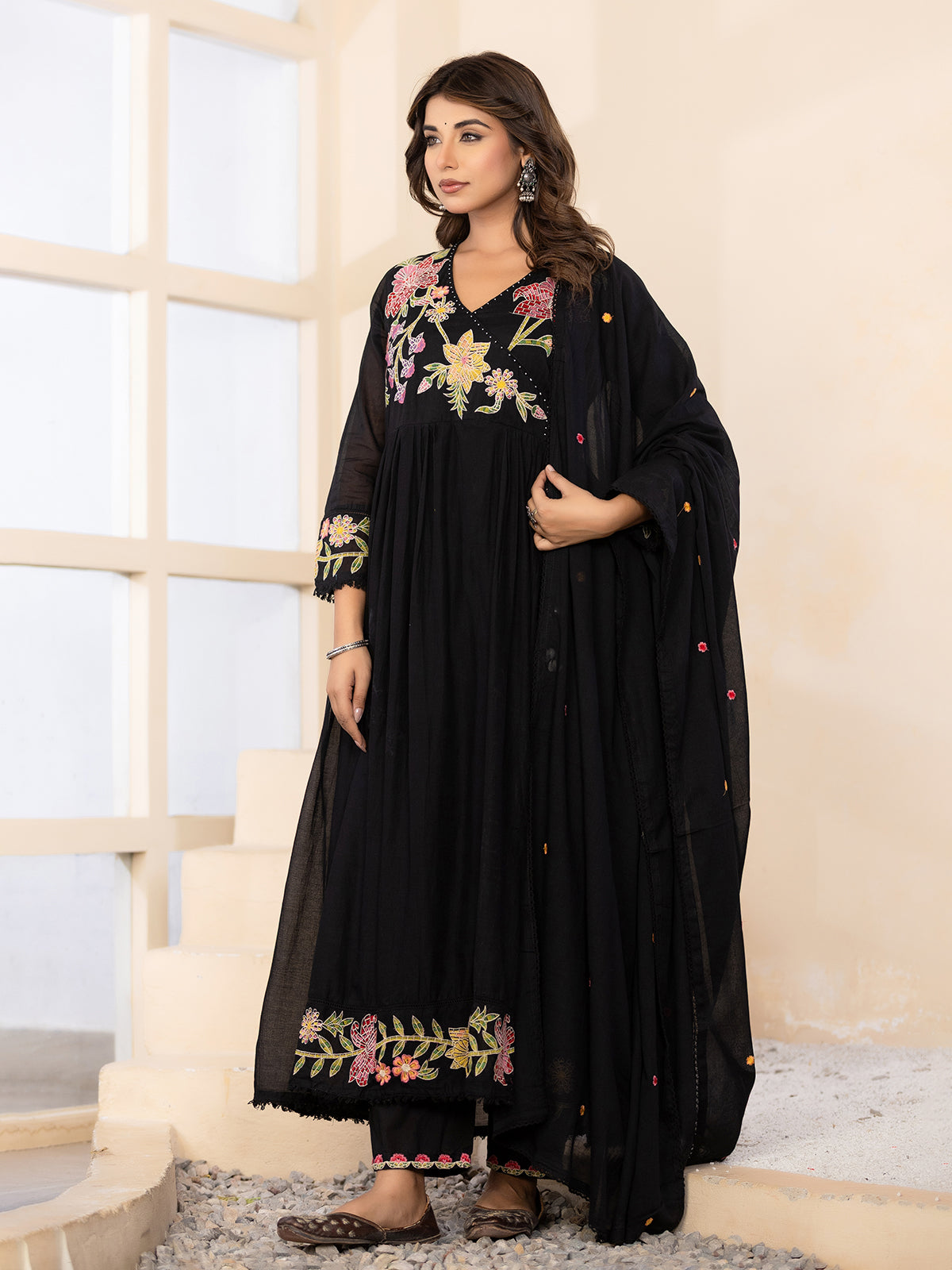 Black regal angrakha cotton silk kurti set