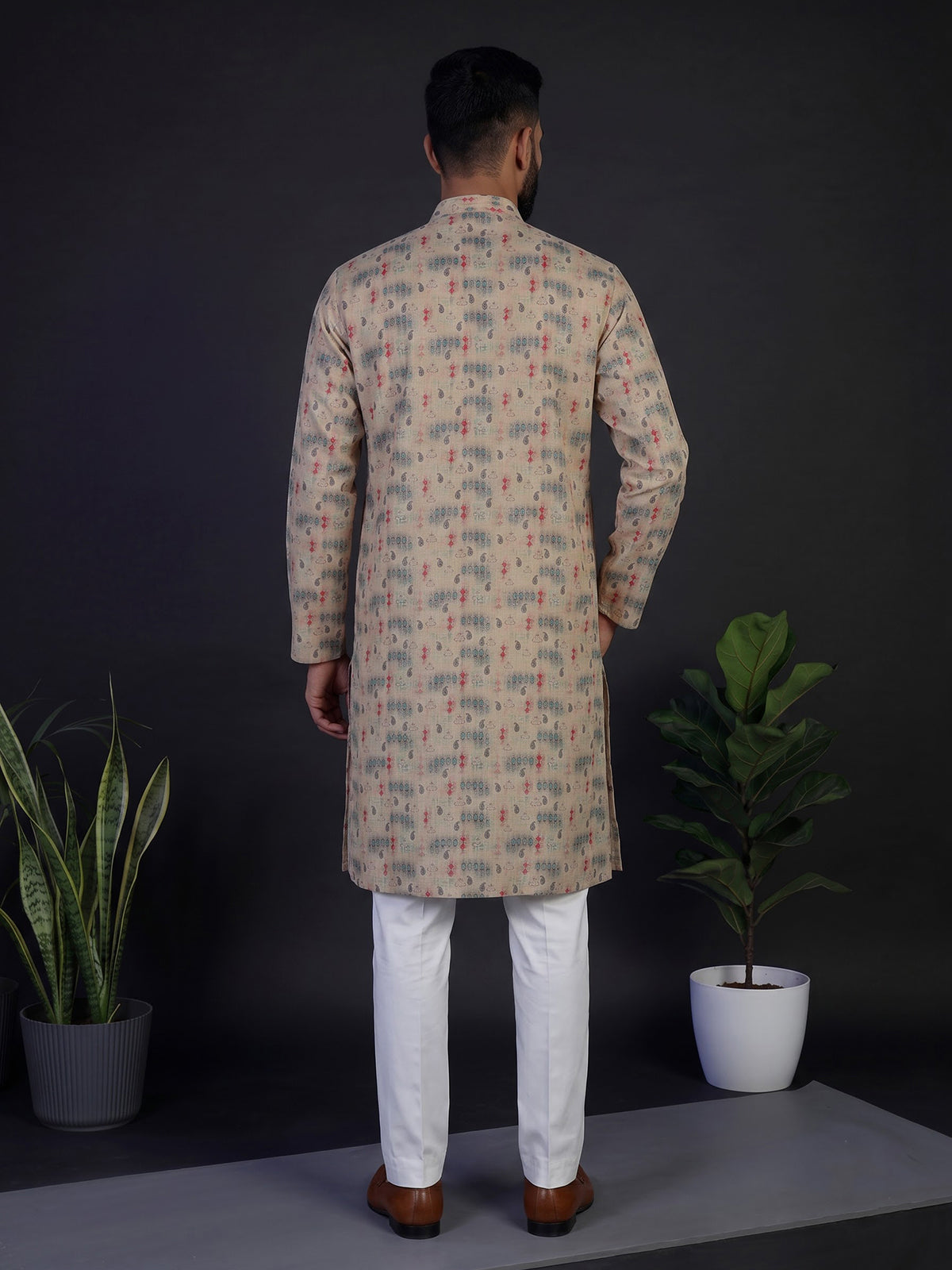 Beige silk printed festive kurta suit for men with mandarin collar
