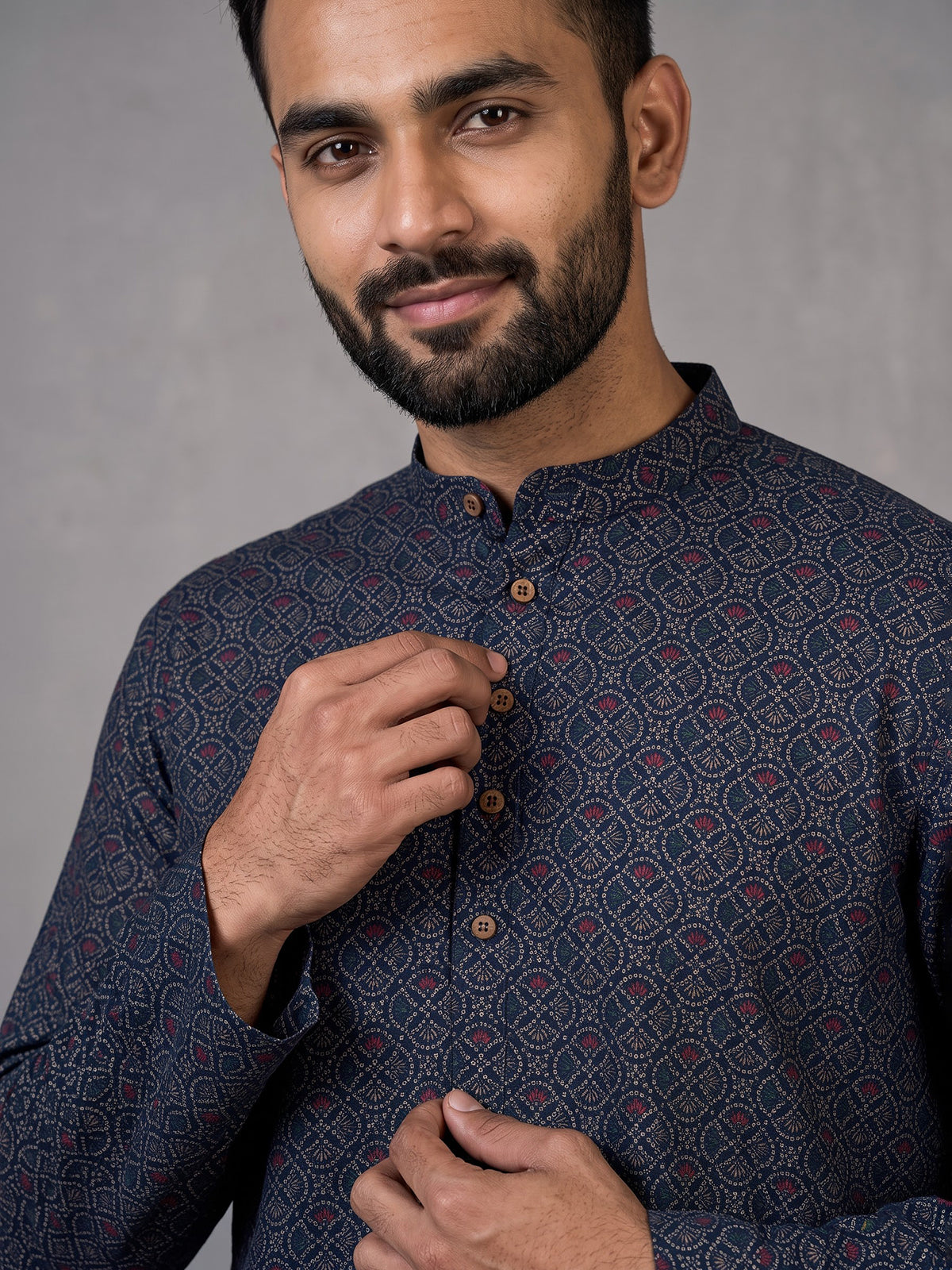 Dark blue bandhani printed cotton festive kurta suit for men